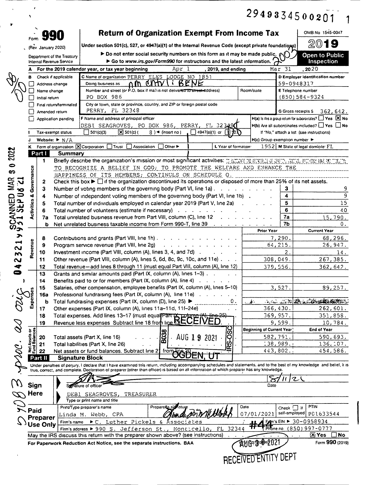 Image of first page of 2019 Form 990O for Benevolent and Protective Order of Elks - Perry Lodge 1851