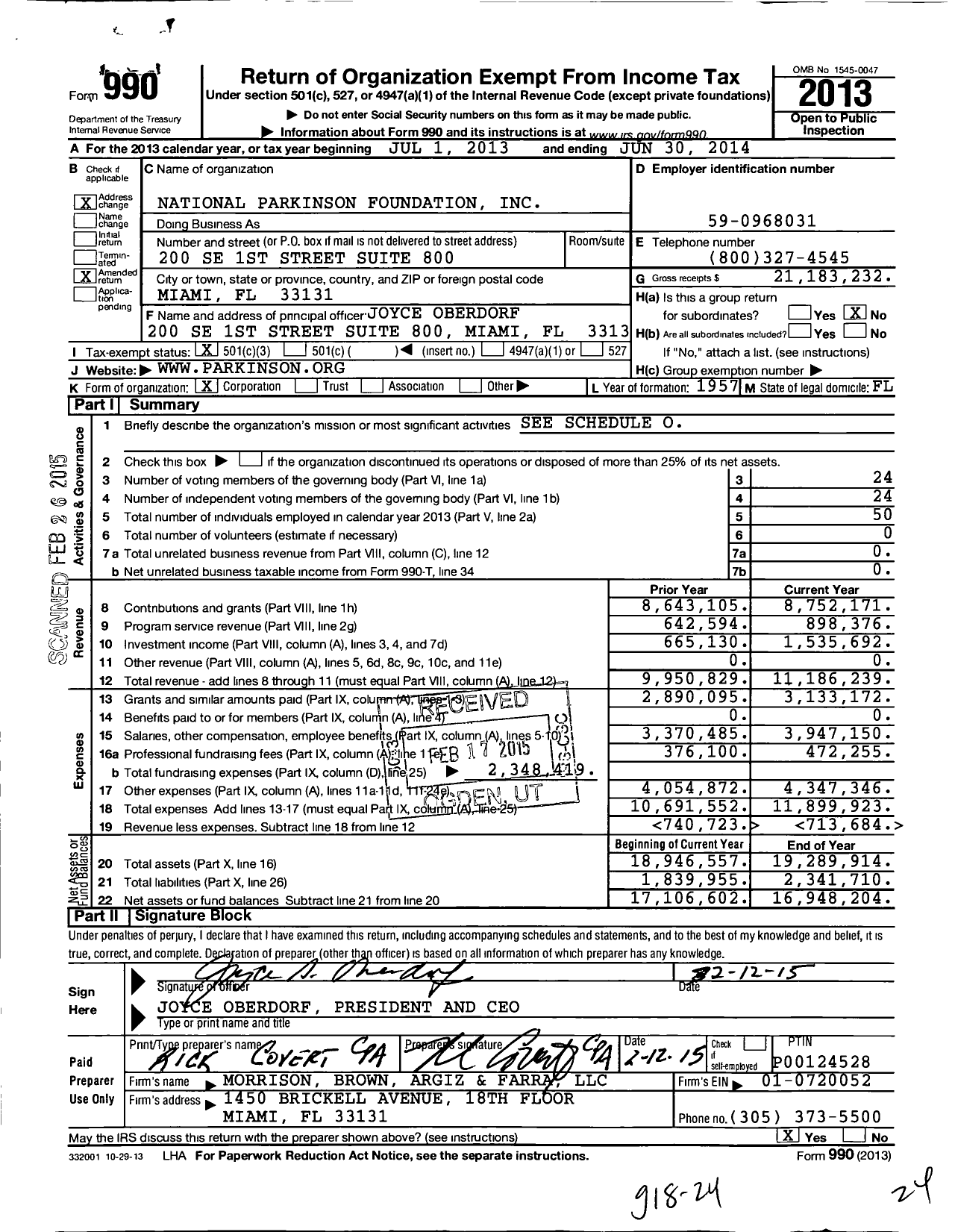Image of first page of 2013 Form 990 for National Parkinson Foundation (NPF)