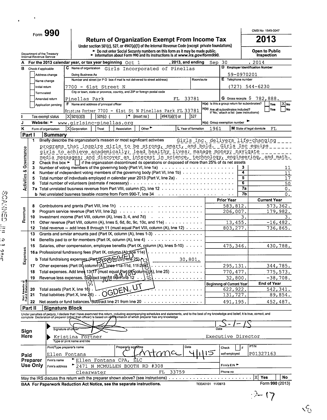 Image of first page of 2013 Form 990 for Girls Incorporated of Pinellas