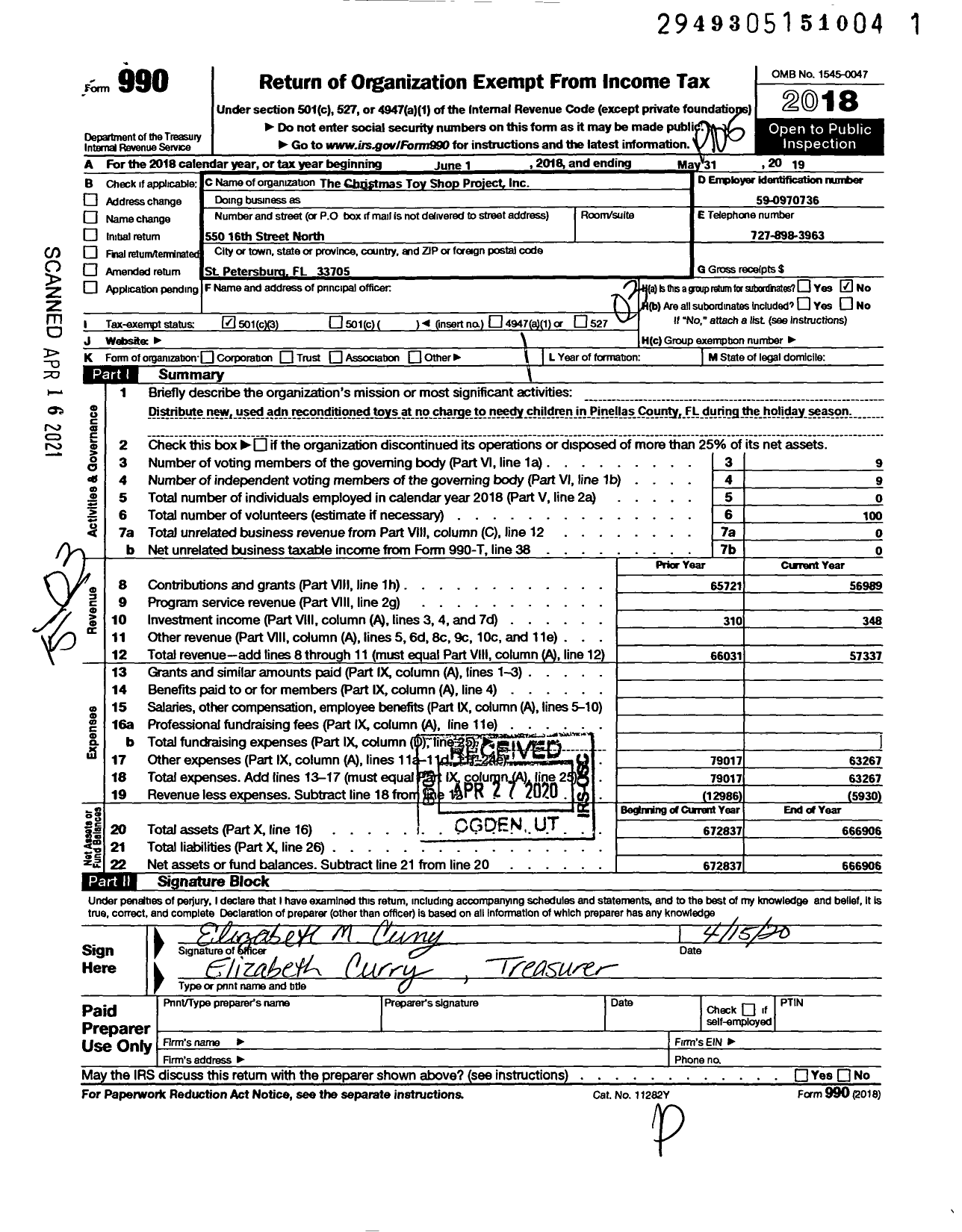 Image of first page of 2018 Form 990 for The Christmas Toy Shop Project