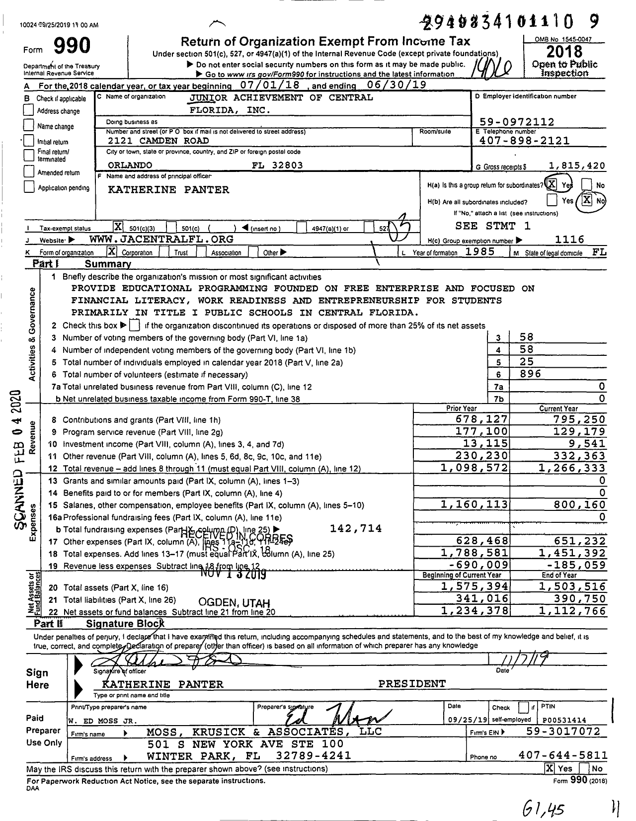 Image of first page of 2018 Form 990 for Junior Achievement of Central Florida