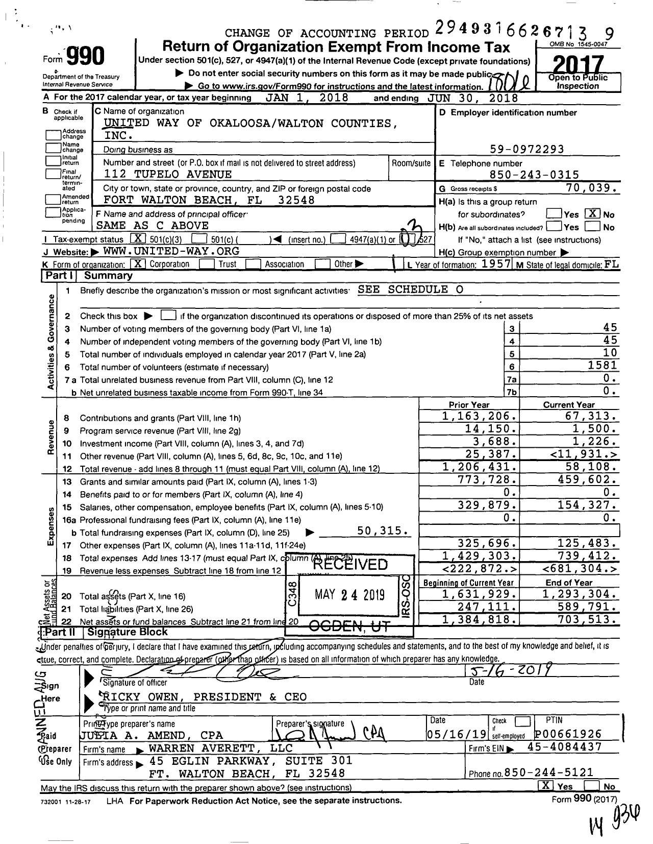 Image of first page of 2017 Form 990 for United Way Emerald Coast