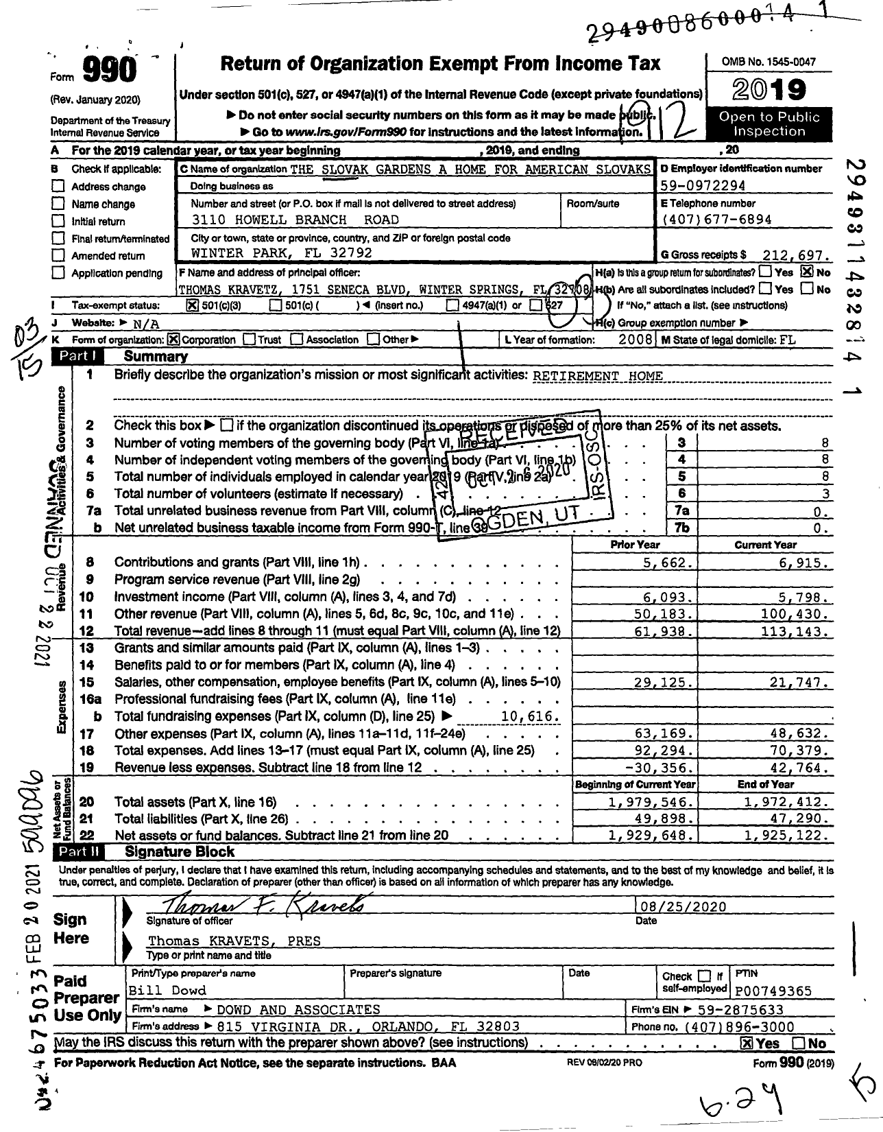 Image of first page of 2019 Form 990 for The Slovak Gardens A Home for American Slovaks