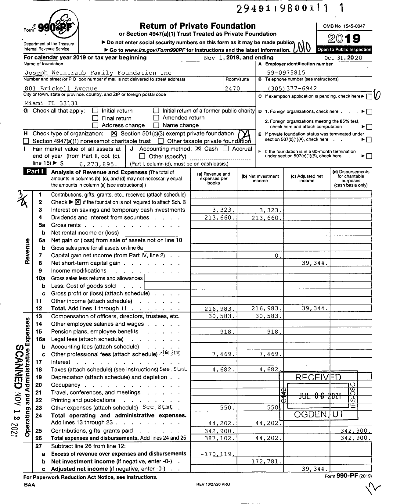 Image of first page of 2019 Form 990PF for Joseph Weintraub Family Foundation