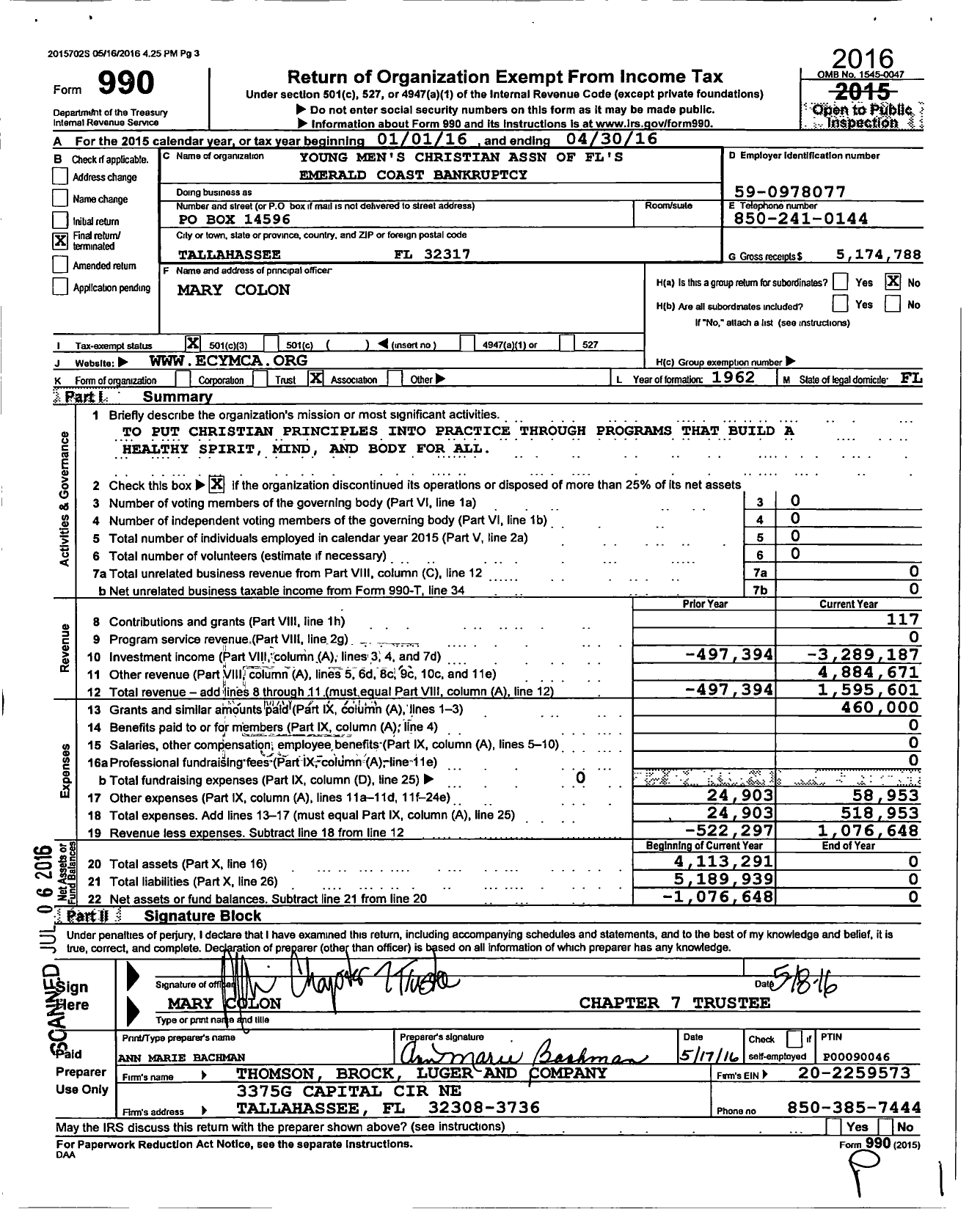 Image of first page of 2015 Form 990 for YMCA of Florida's of Emerald Coast