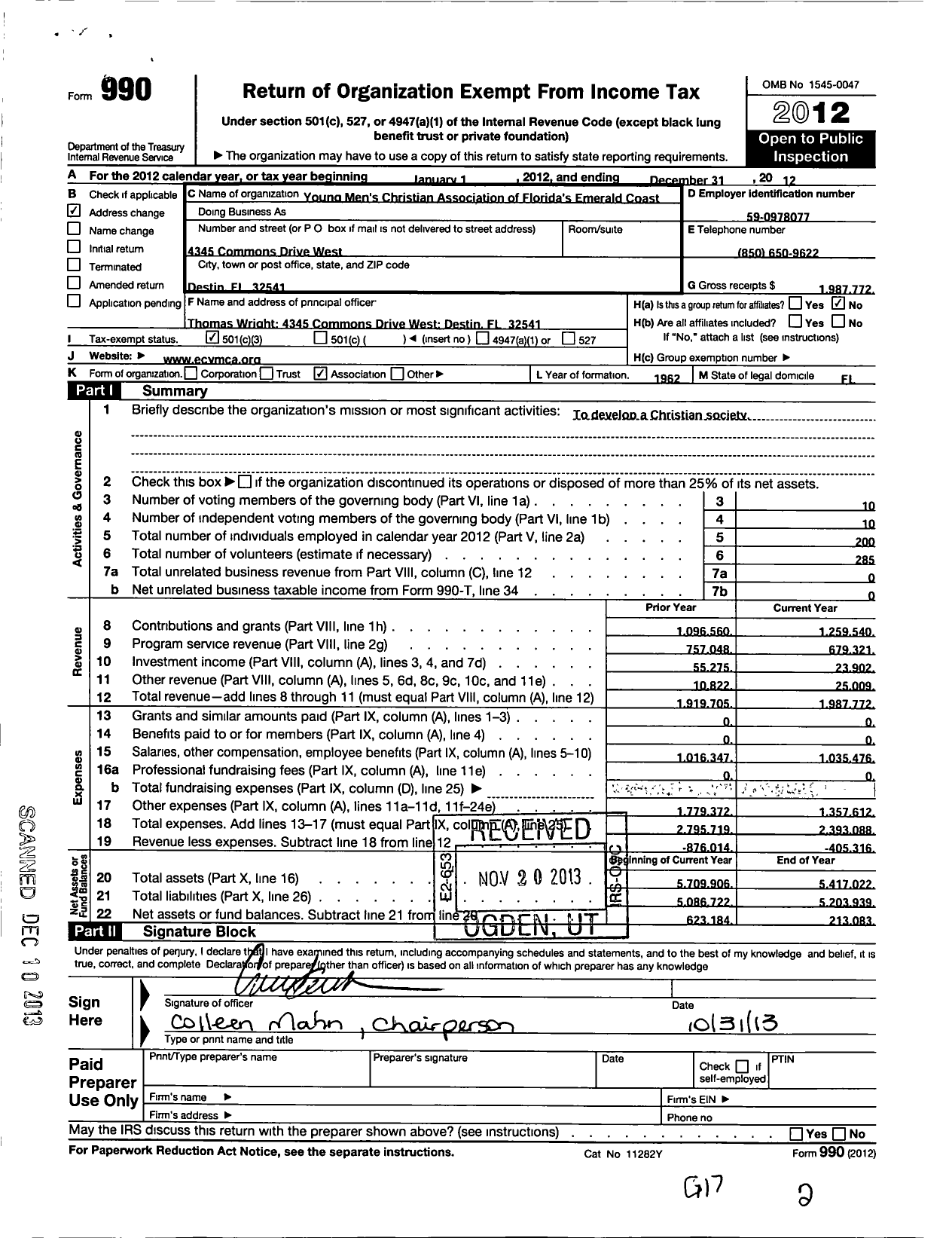 Image of first page of 2012 Form 990 for YMCA of Florida's of Emerald Coast