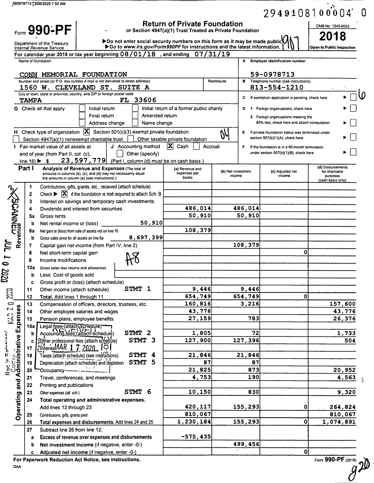 Image of first page of 2018 Form 990PR for Conn Memorial Foundation