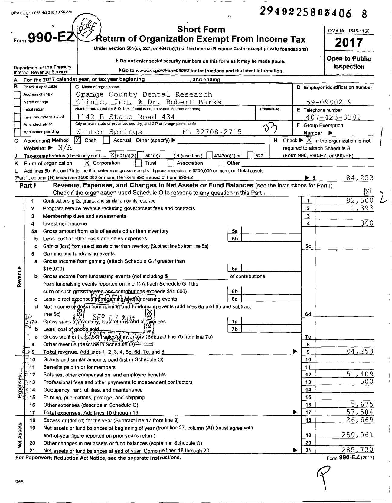 Image of first page of 2017 Form 990EZ for Orange County Dental Research Clinic