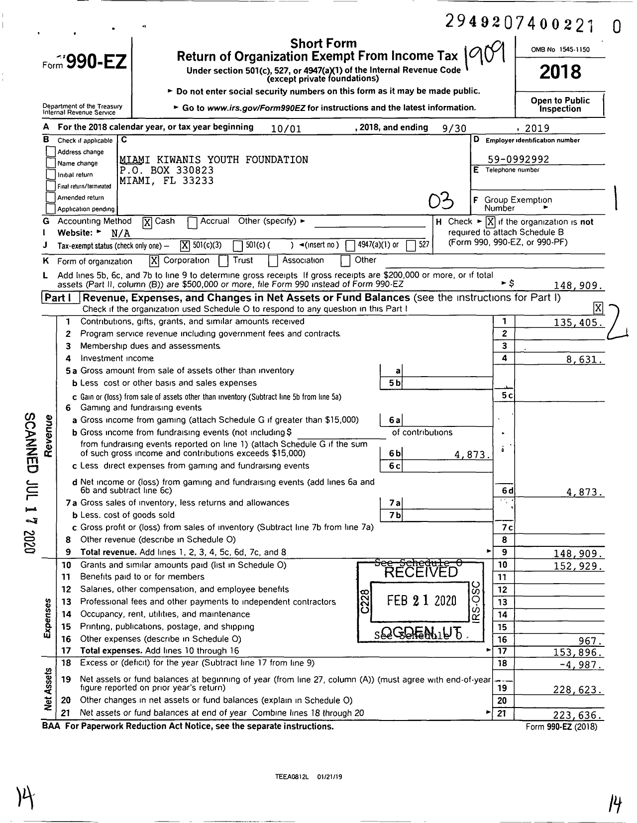 Image of first page of 2018 Form 990EZ for Miami Kiwanis Youth Foundation