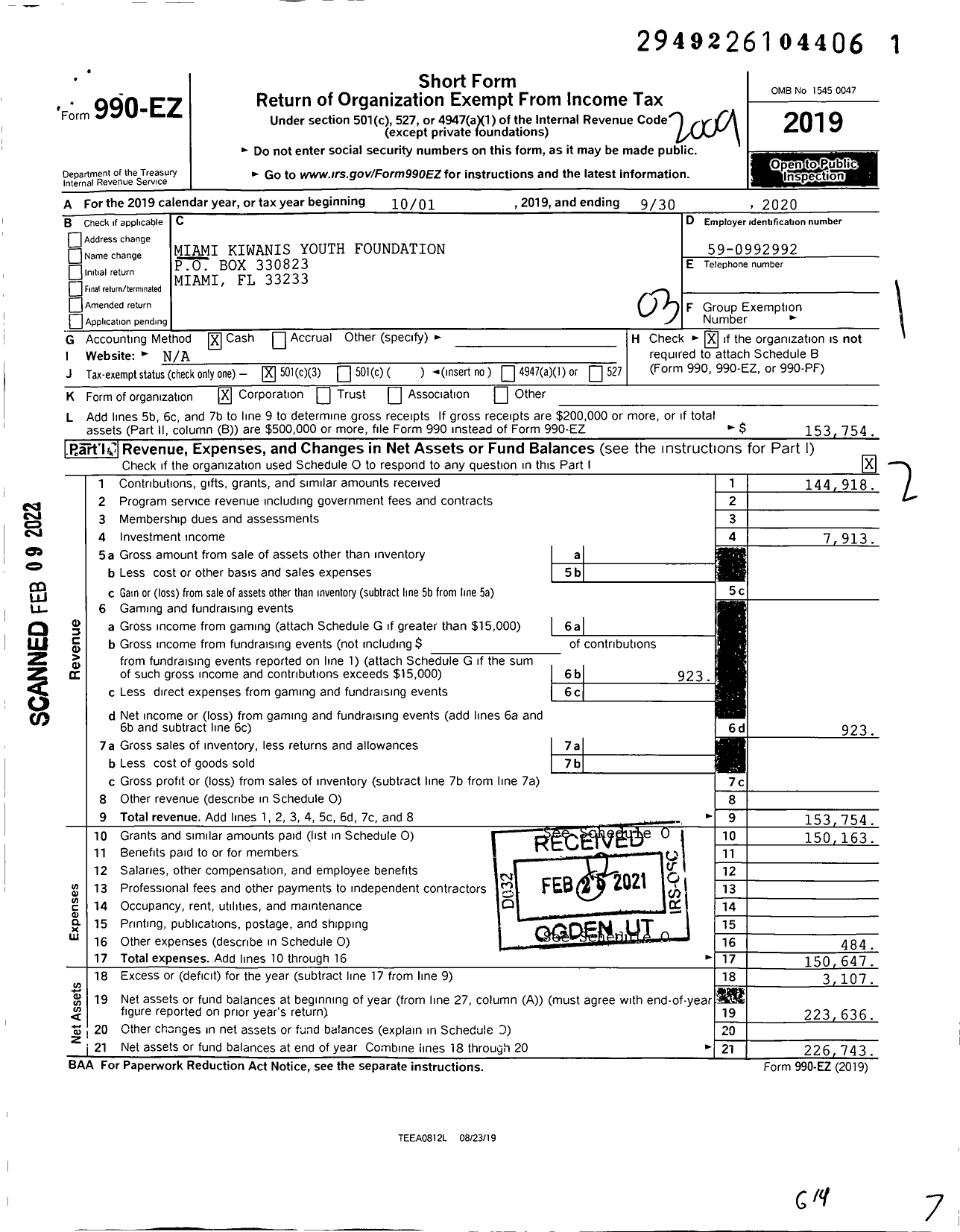 Image of first page of 2019 Form 990EZ for Miami Kiwanis Youth Foundation