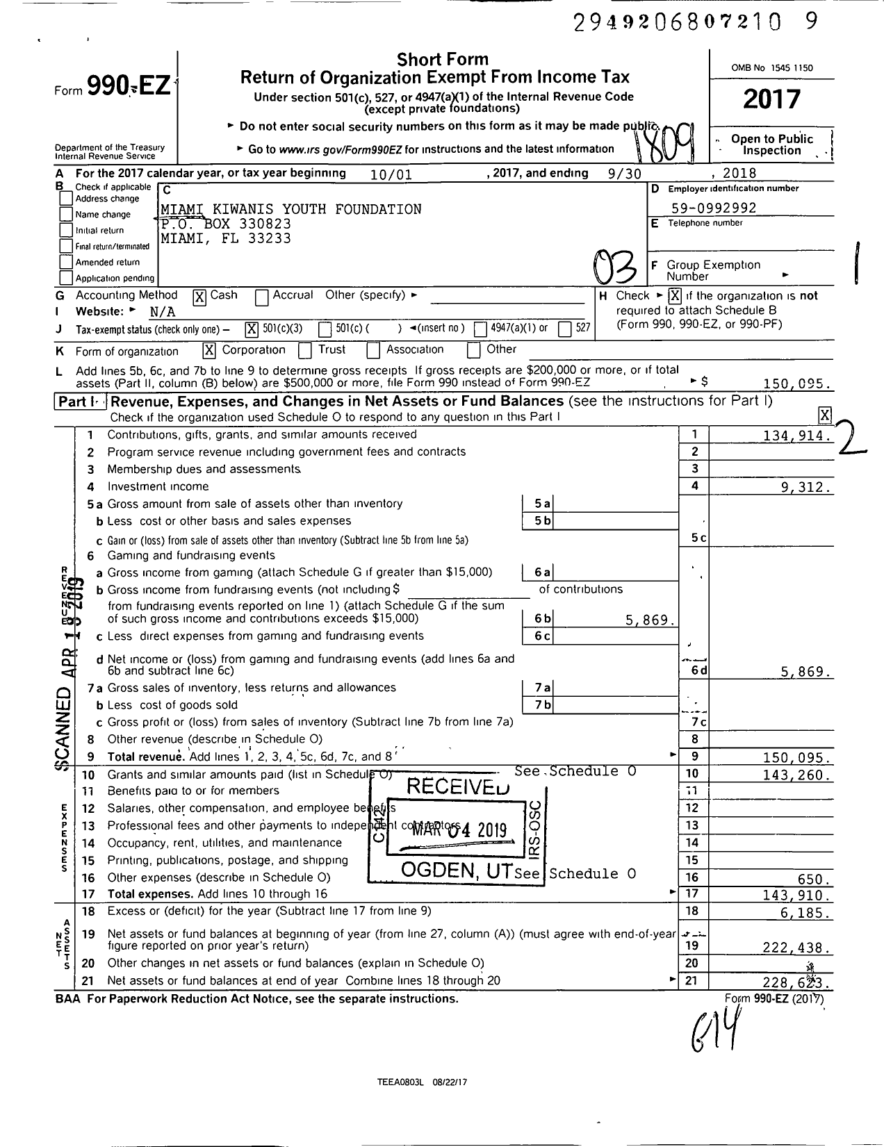 Image of first page of 2017 Form 990EZ for Miami Kiwanis Youth Foundation