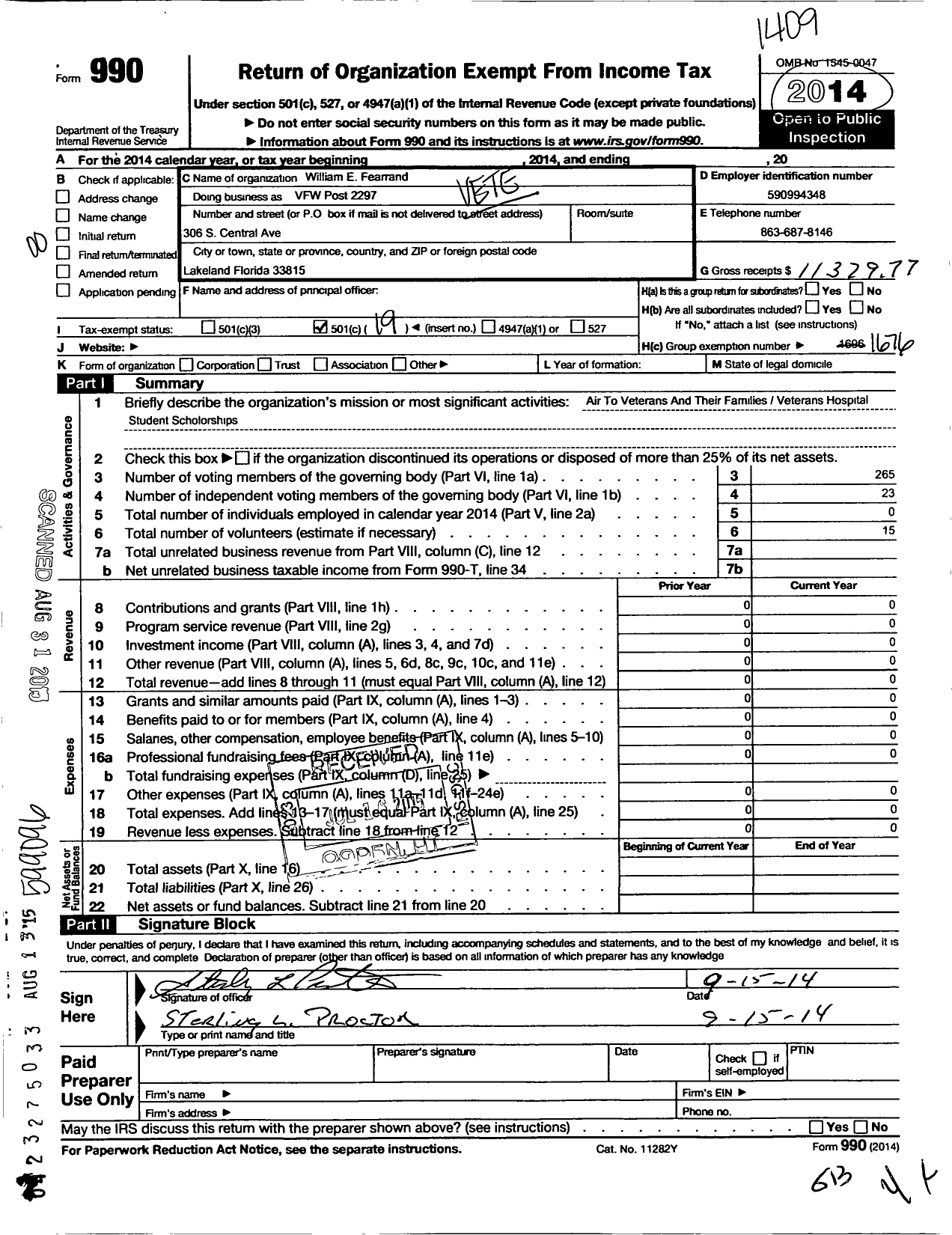 Image of first page of 2013 Form 990O for VFW Department of Florida - VFW Post 2297