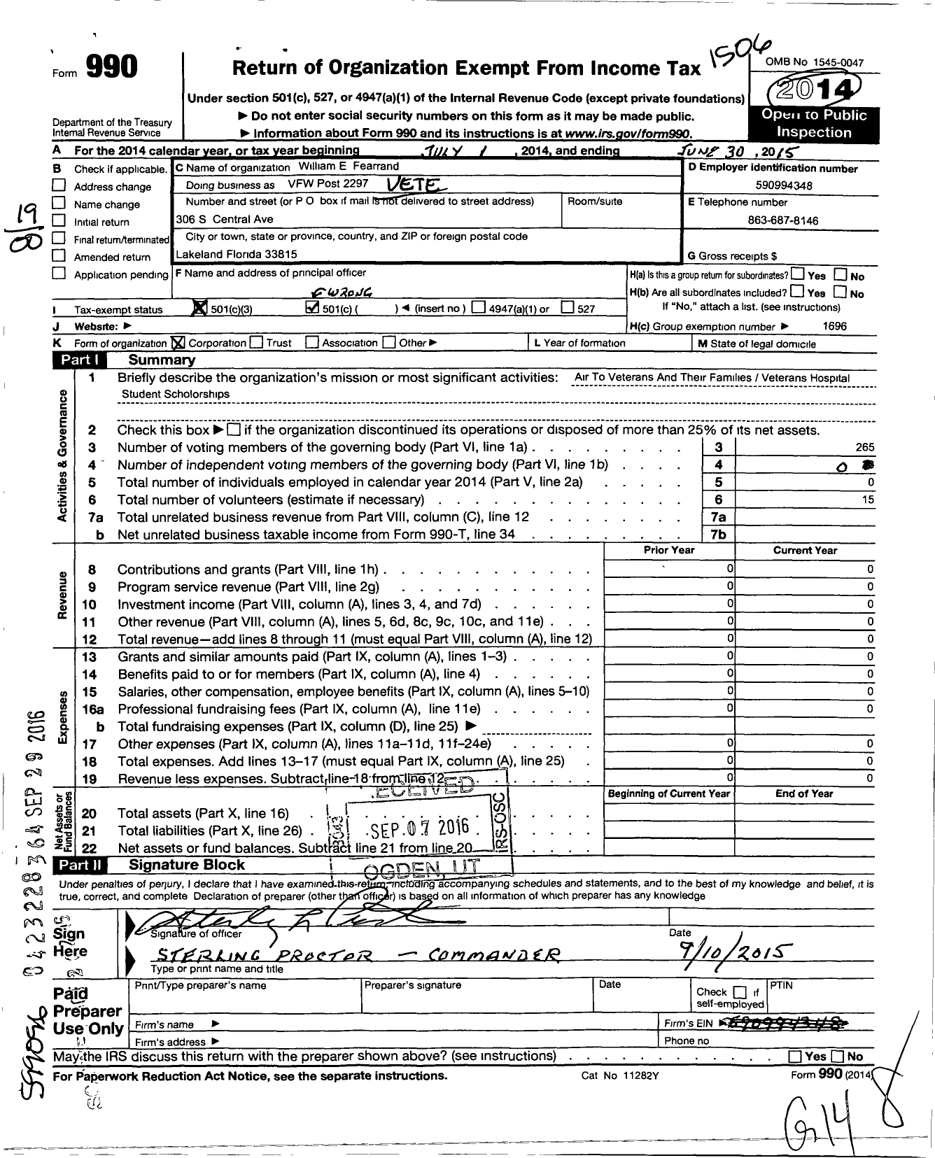 Image of first page of 2014 Form 990 for VFW Department of Florida - VFW Post 2297