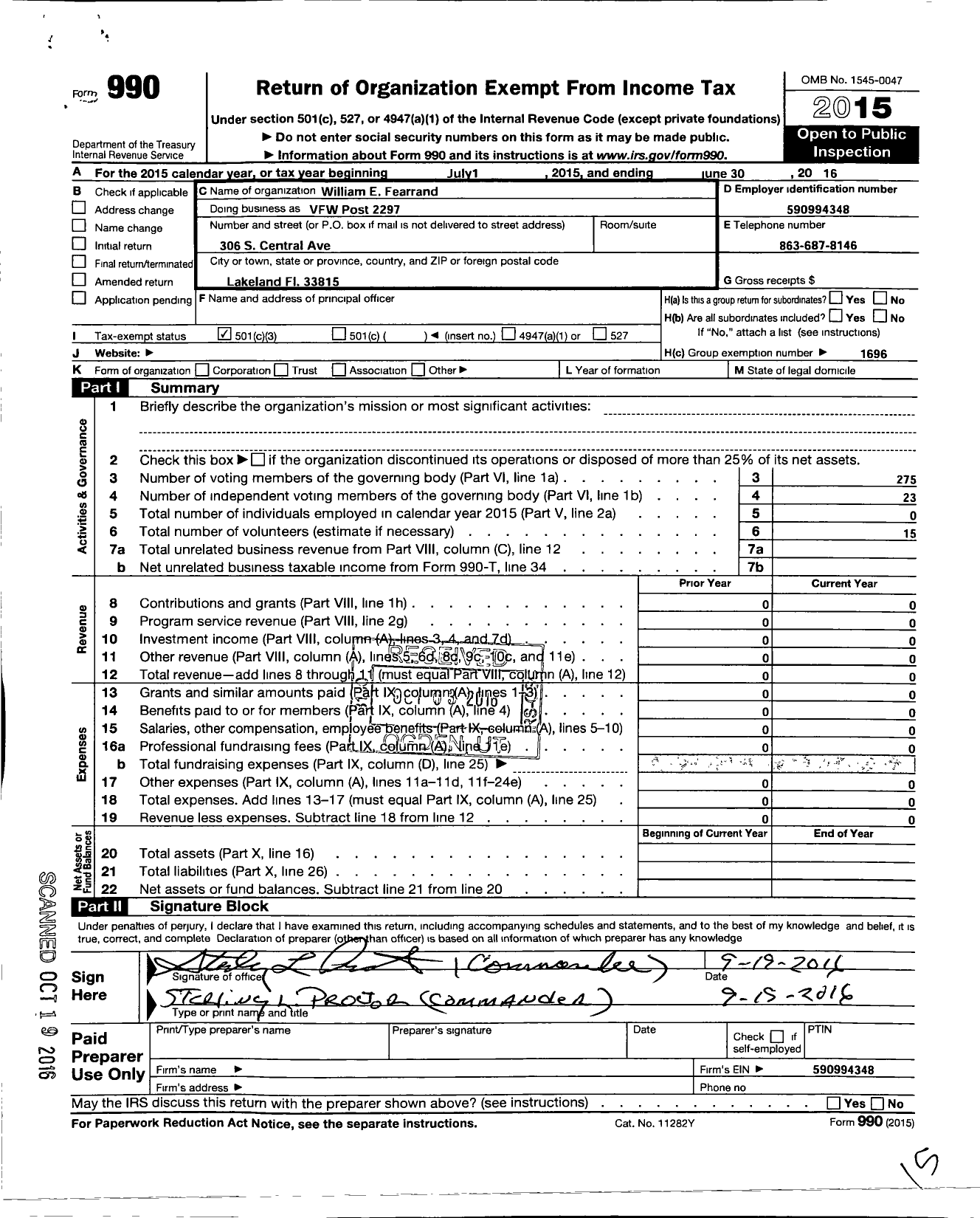 Image of first page of 2015 Form 990 for VFW Department of Florida - VFW Post 2297