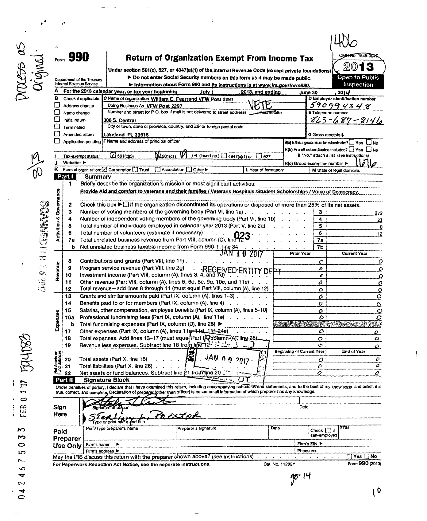 Image of first page of 2013 Form 990O for VFW Department of Florida - VFW Post 2297