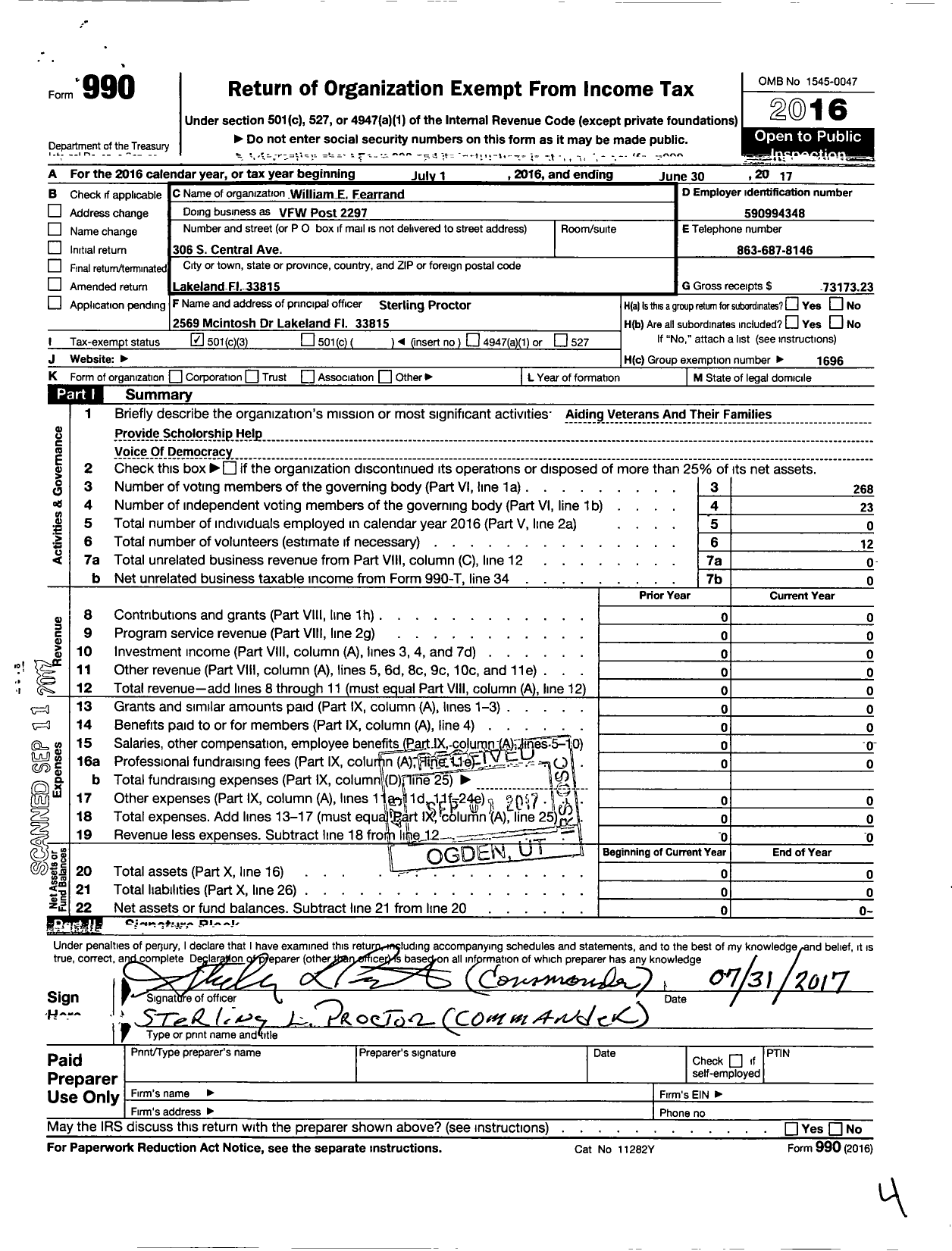 Image of first page of 2016 Form 990 for VFW Department of Florida - VFW Post 2297