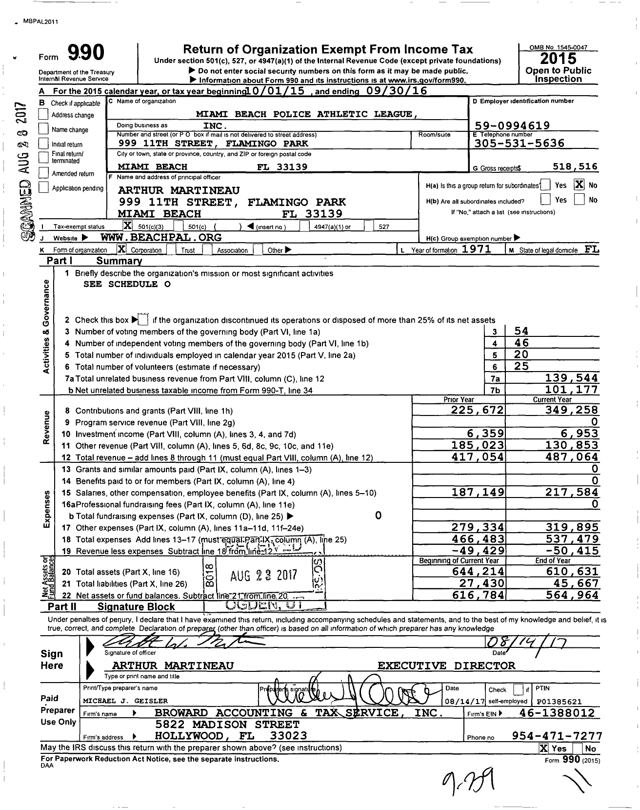 Image of first page of 2015 Form 990 for Miami Beach Police Athletic League
