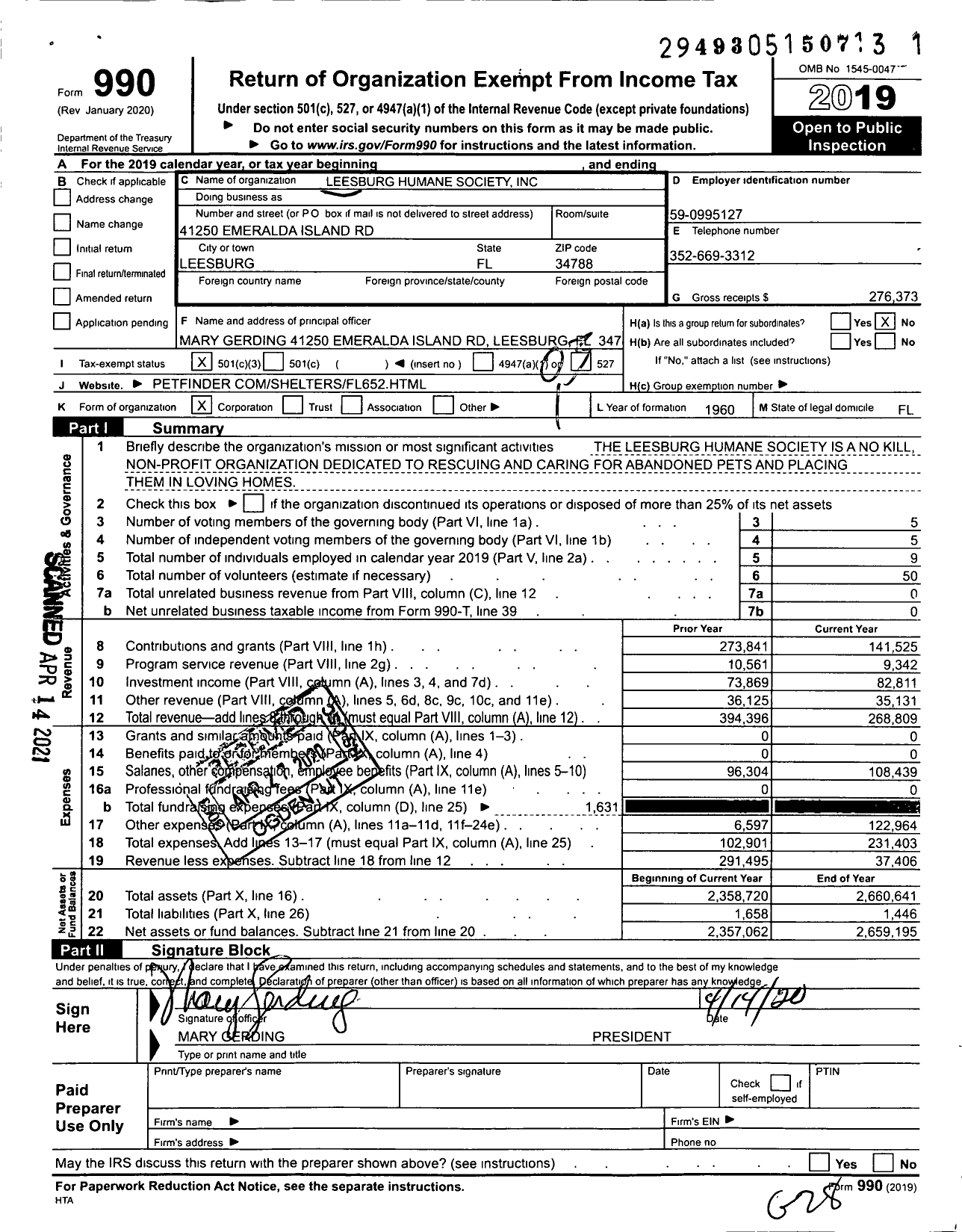 Image of first page of 2019 Form 990 for Leesburg Humane Society