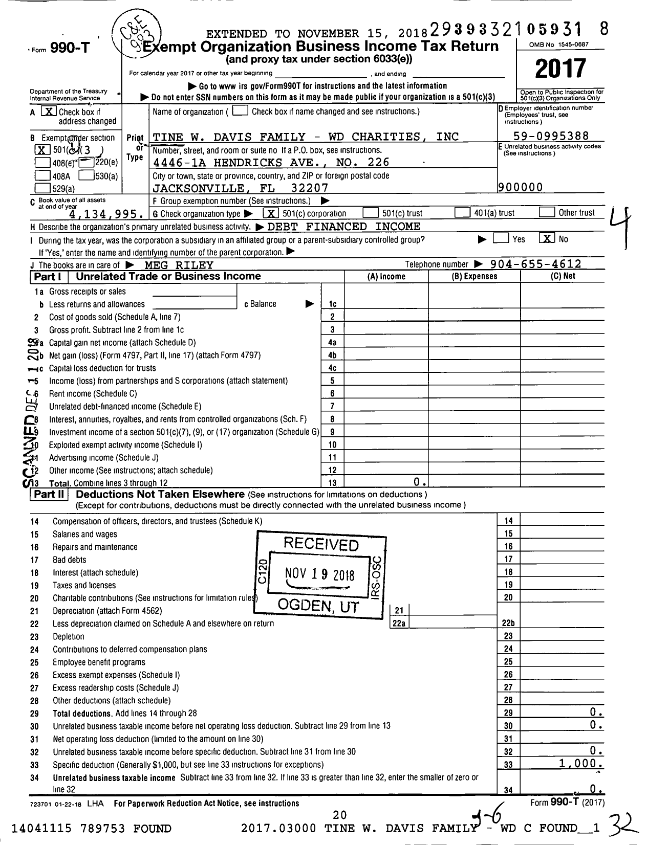 Image of first page of 2017 Form 990T for Tine W Davis Family WD Charities