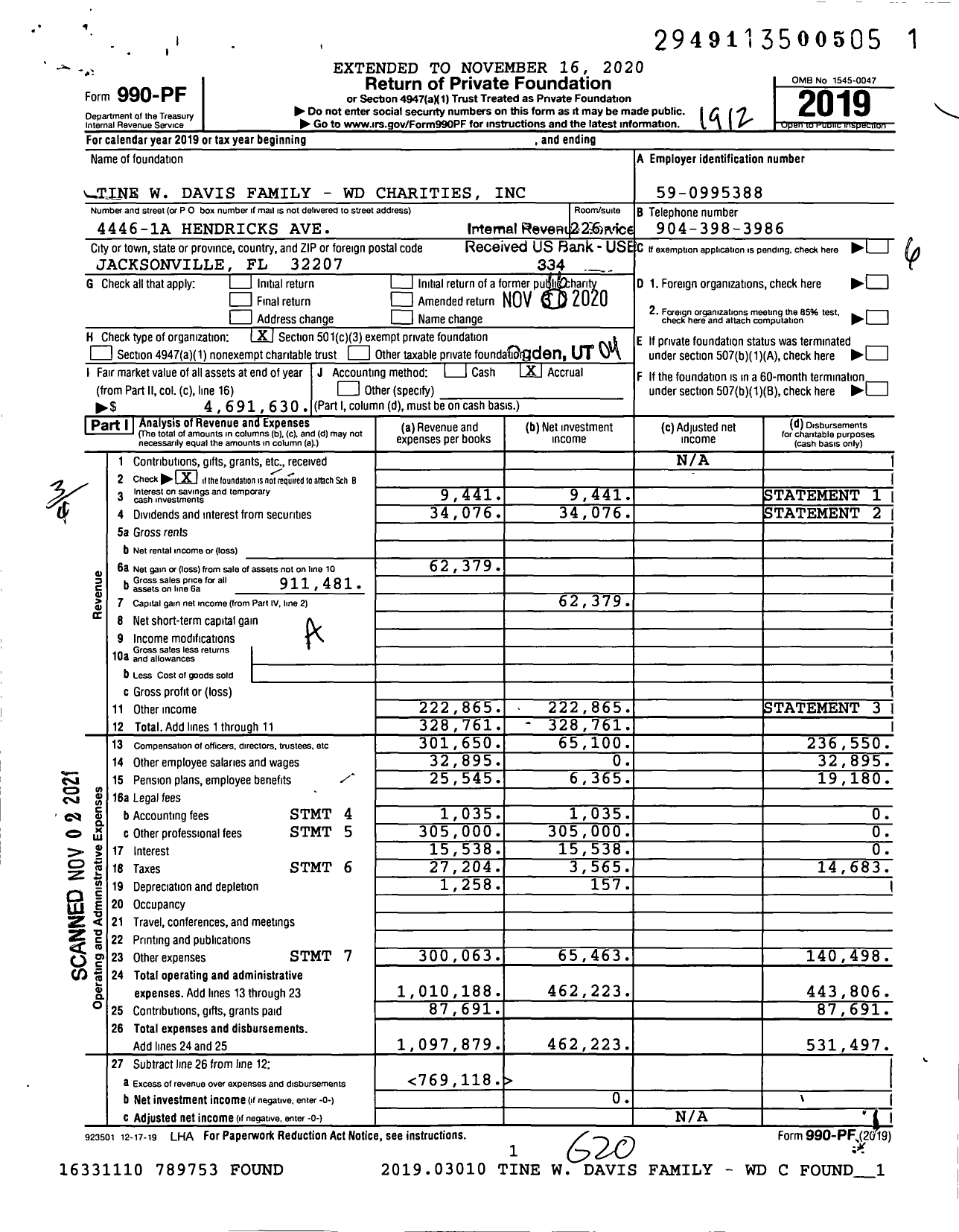 Image of first page of 2019 Form 990PF for Tine W Davis Family WD Charities