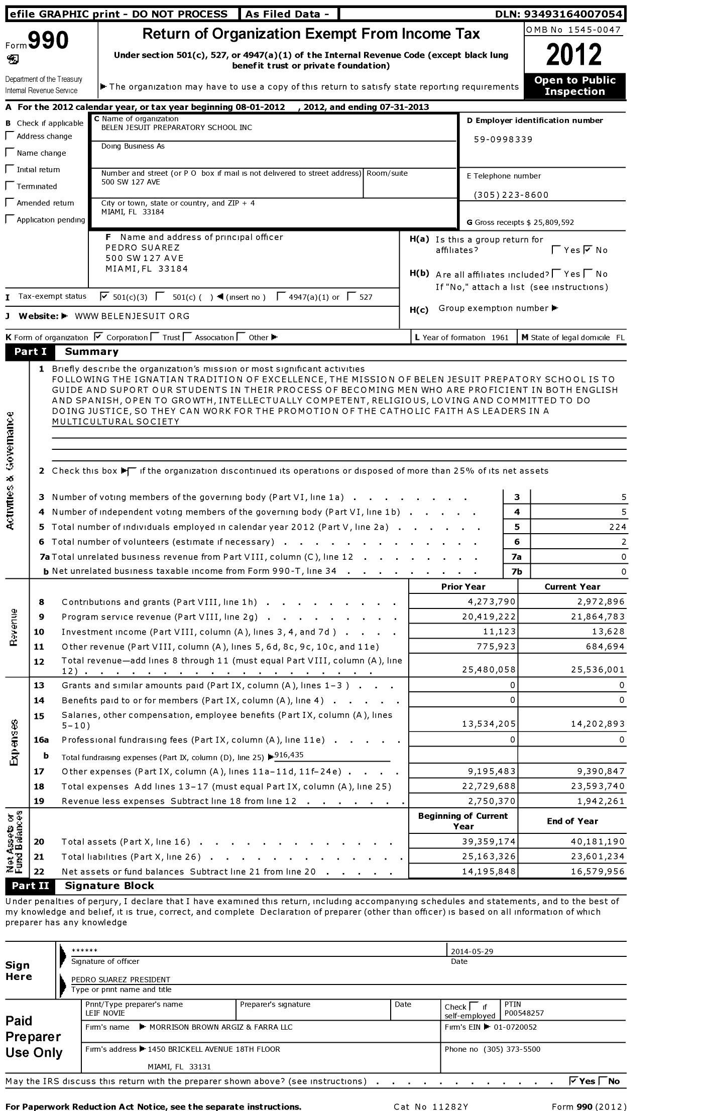 Image of first page of 2012 Form 990 for Belen Jesuit Preparatory School