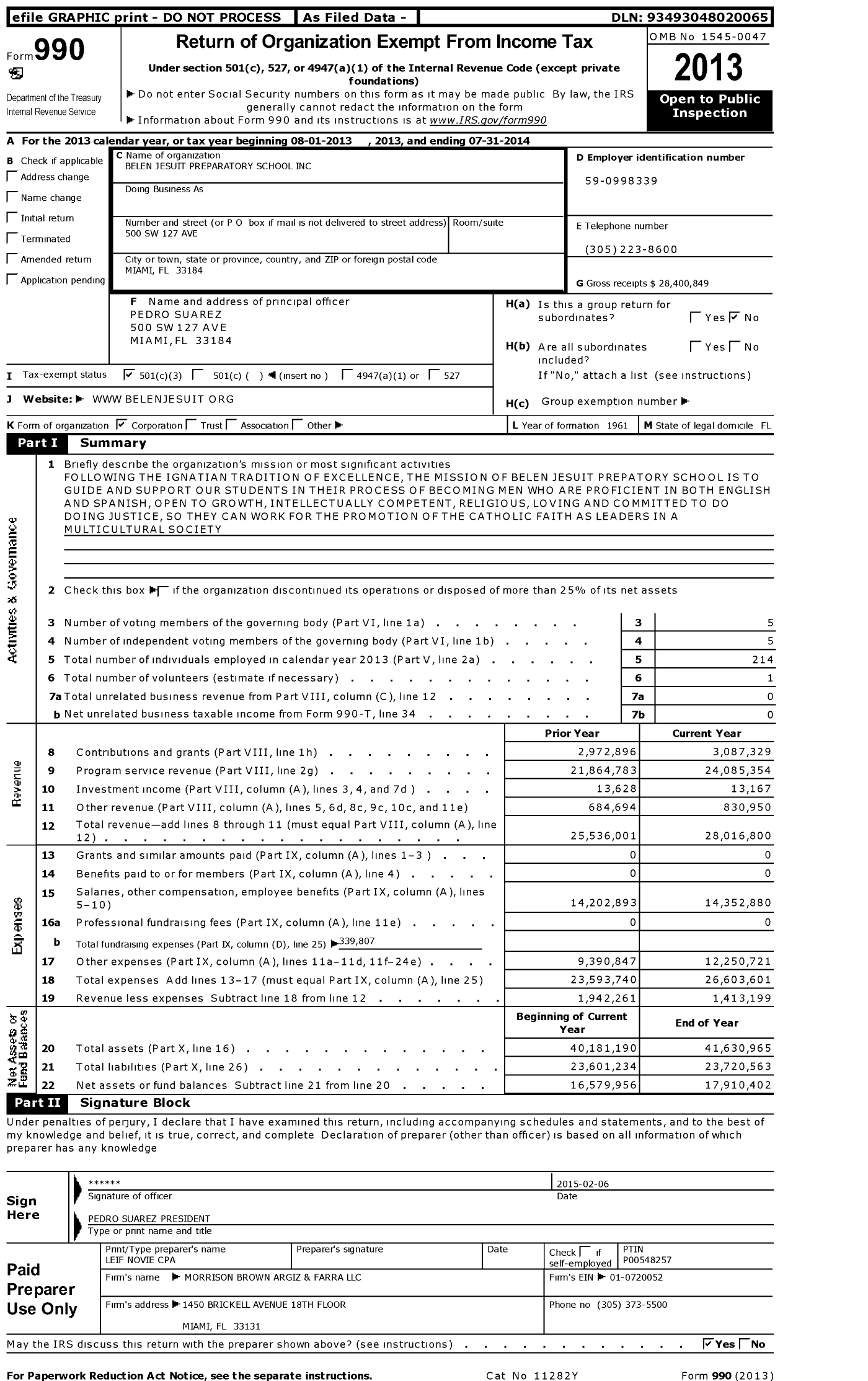 Image of first page of 2013 Form 990 for Belen Jesuit Preparatory School