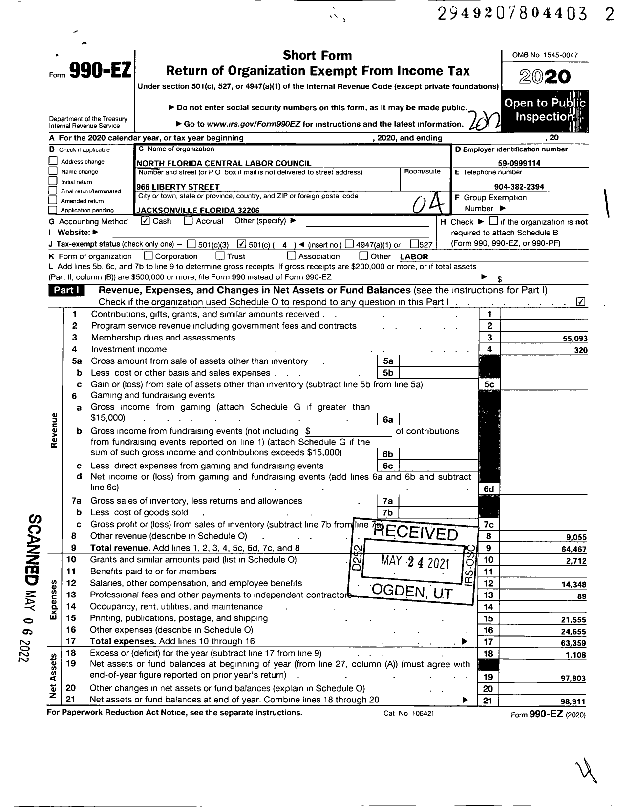 Image of first page of 2020 Form 990EO for Afl-Cio - North Florida Central Labor Council (North Florida Central Labor Council)