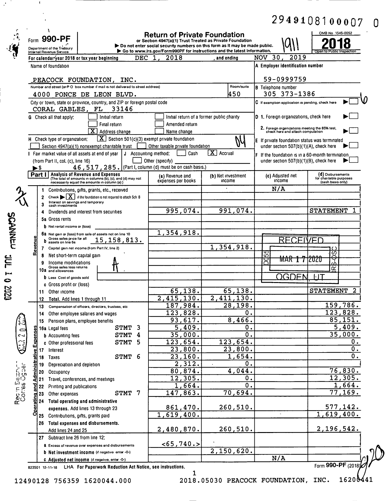 Image of first page of 2018 Form 990PR for Peacock Foundation