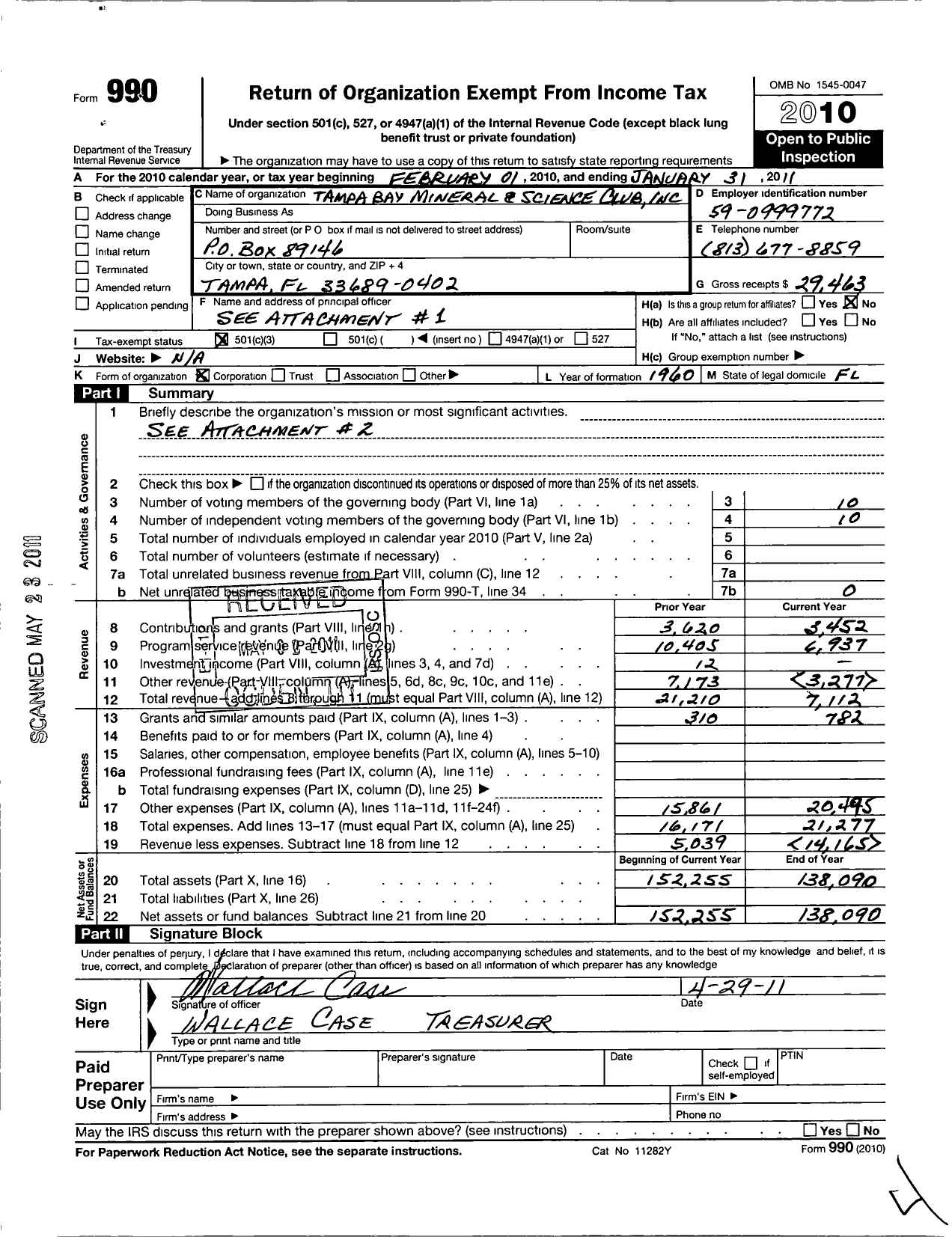 Image of first page of 2010 Form 990 for Tampa Bay Mineral and Science Club of Tampa Florida