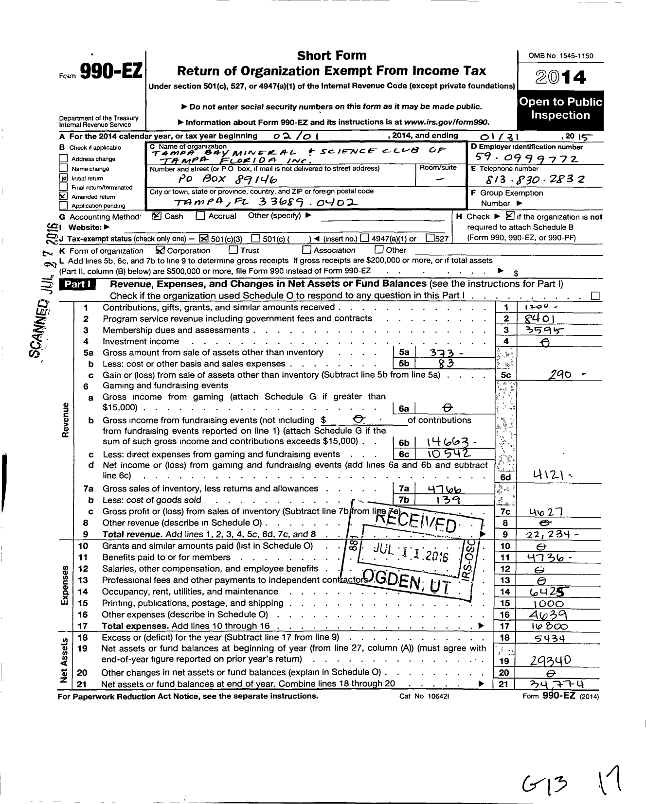 Image of first page of 2014 Form 990EZ for Tampa Bay Mineral and Science Club of Tampa Florida