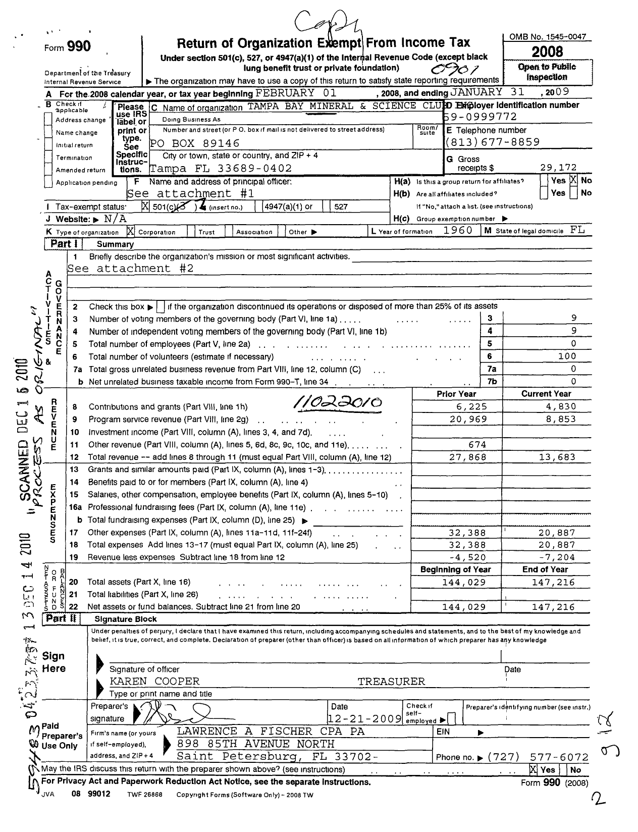 Image of first page of 2009 Form 990O for Tampa Bay Mineral and Science Club of Tampa Florida