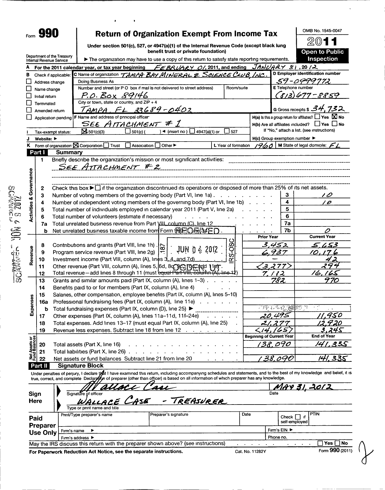 Image of first page of 2011 Form 990 for Tampa Bay Mineral and Science Club of Tampa Florida