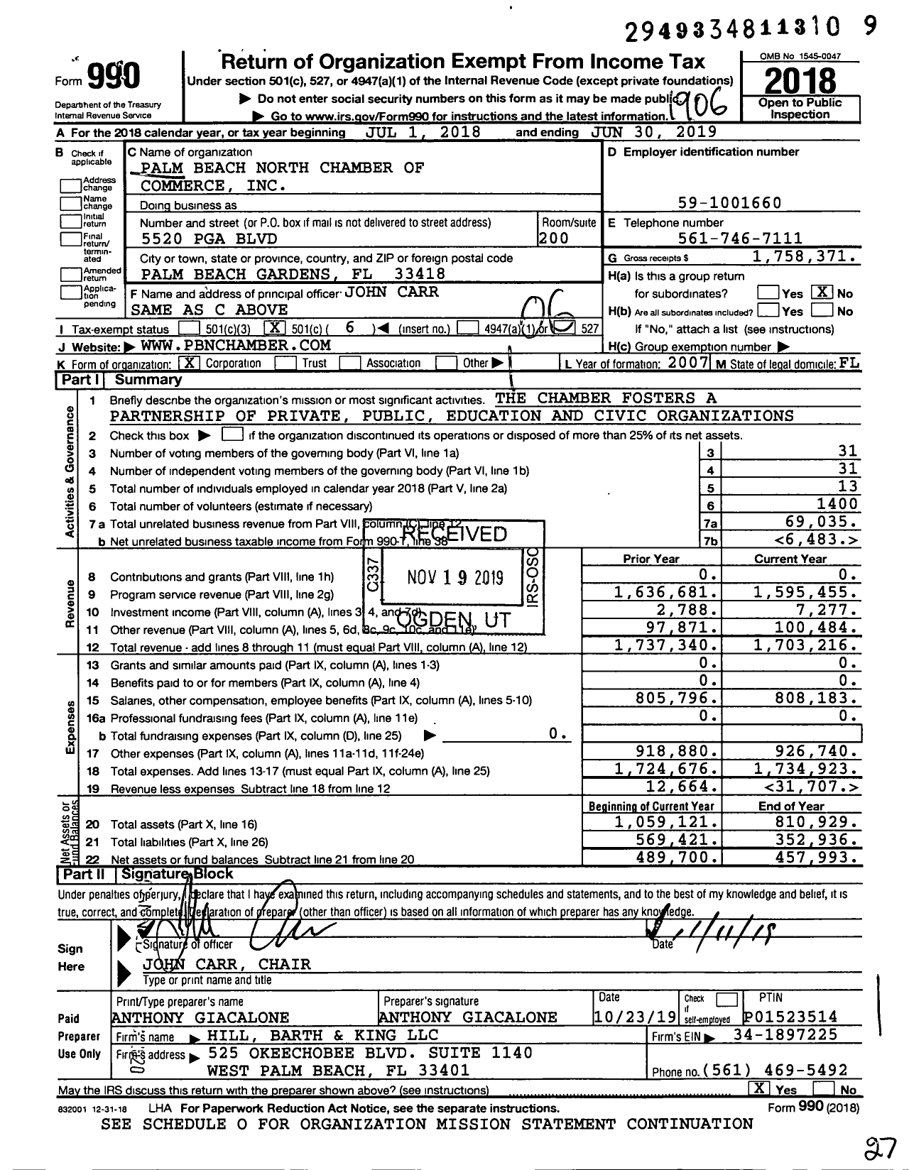 Image of first page of 2018 Form 990O for Palm Beach North Chamber of Commerce