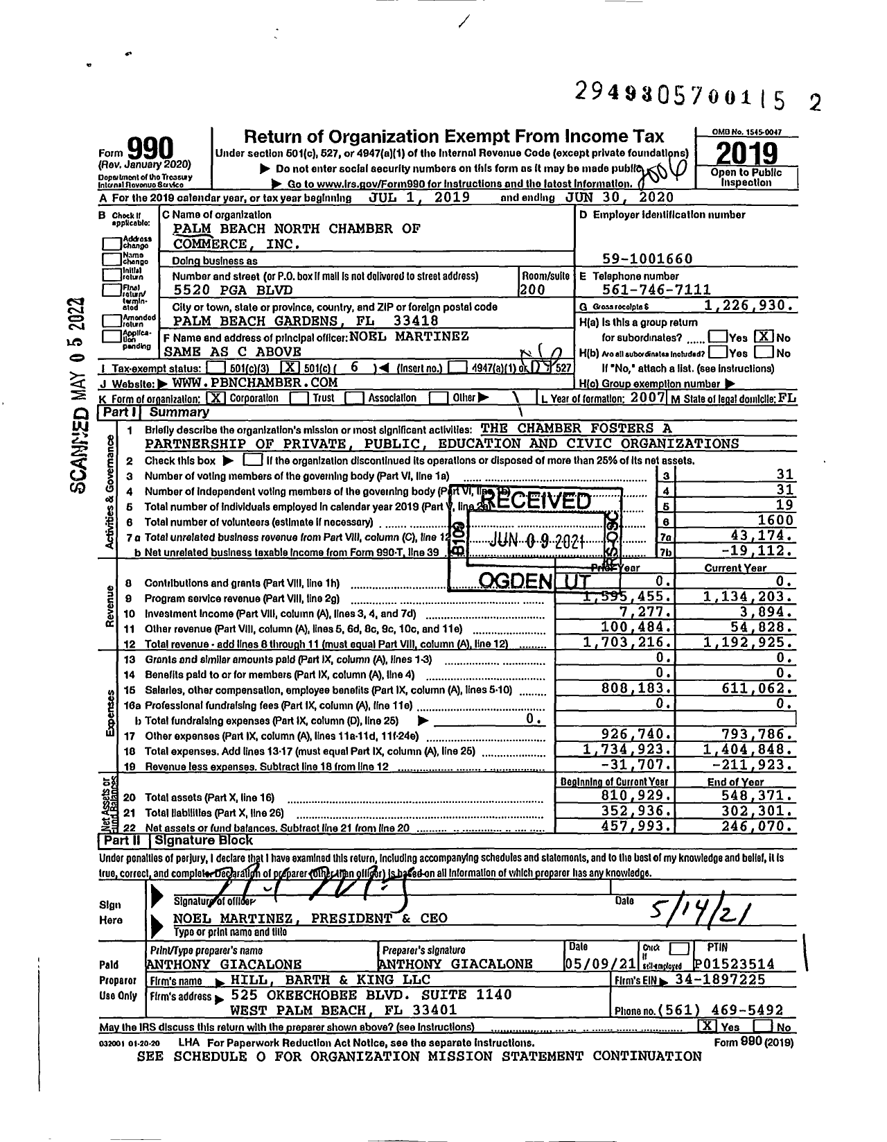 Image of first page of 2019 Form 990O for Palm Beach North Chamber of Commerce