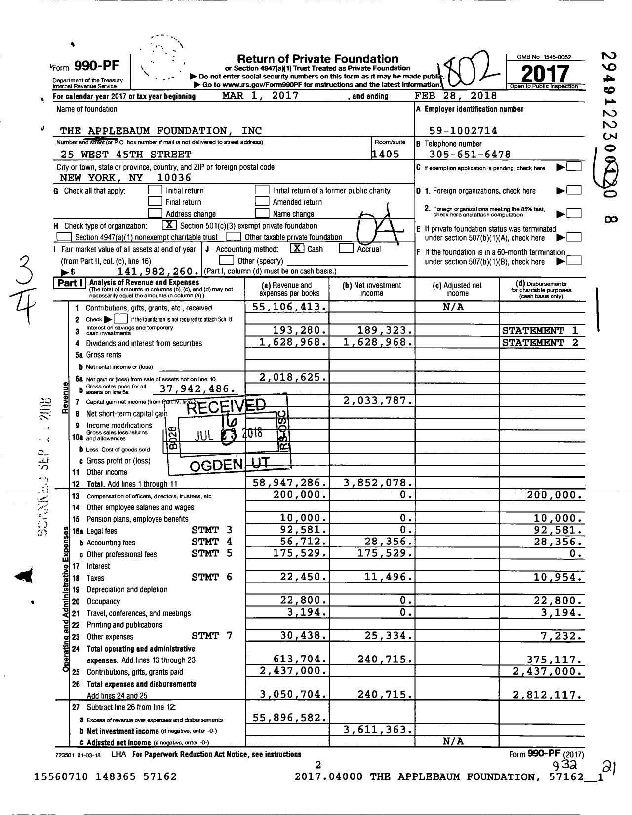 Image of first page of 2017 Form 990PF for Ben Appelbaum Foundation