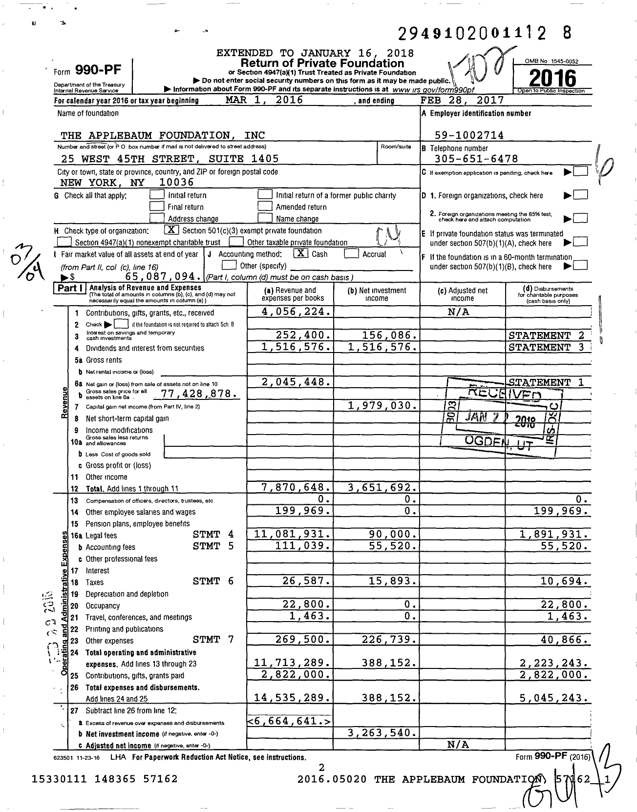 Image of first page of 2016 Form 990PF for Ben Appelbaum Foundation