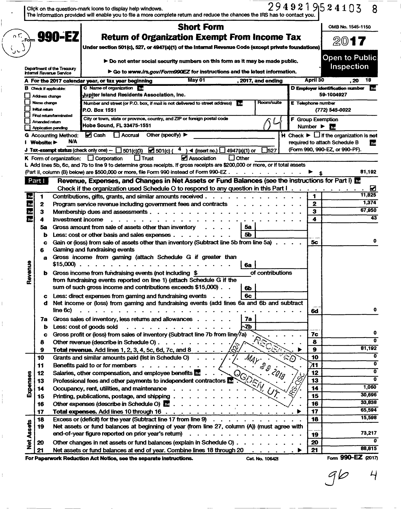 Image of first page of 2017 Form 990EO for Jupiter Island Residents Association