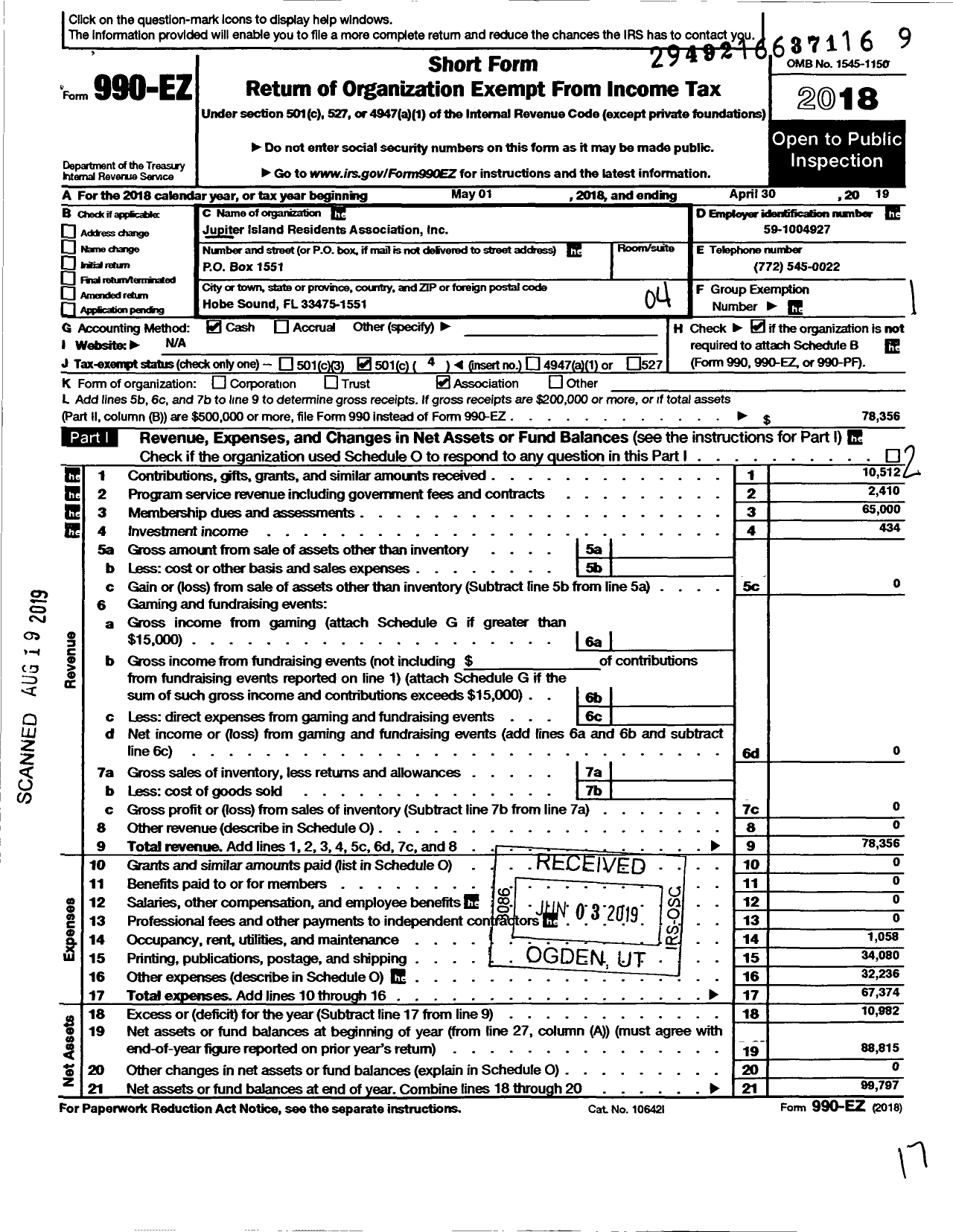 Image of first page of 2018 Form 990EO for Jupiter Island Residents Association