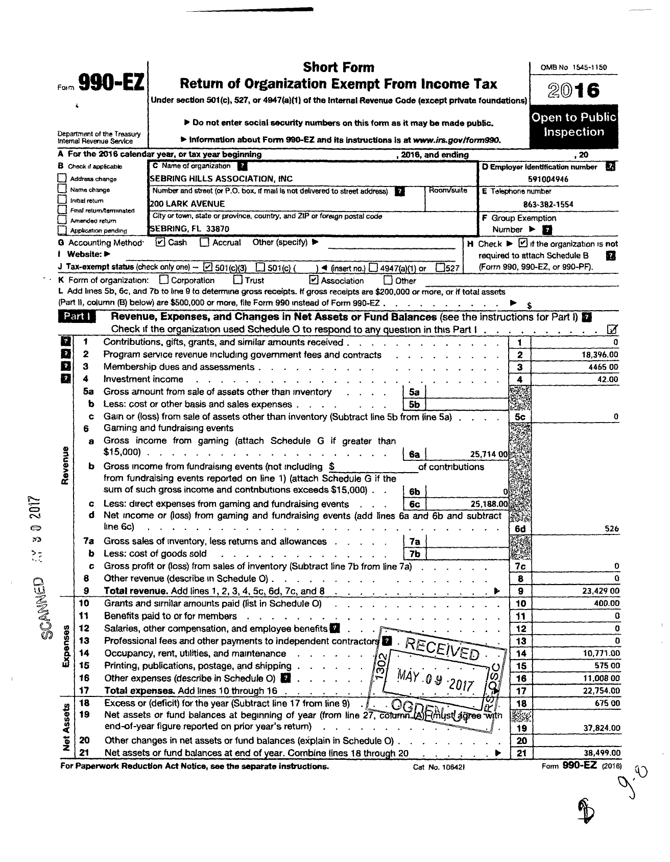 Image of first page of 2016 Form 990EZ for Sebring Hills Association
