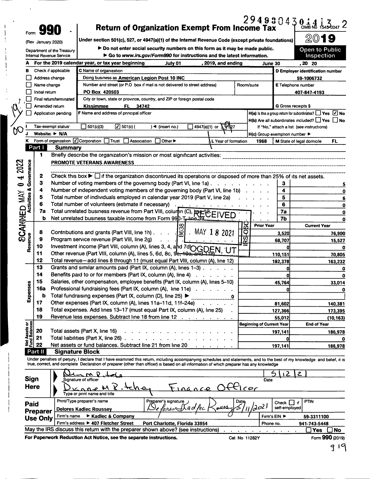 Image of first page of 2019 Form 990O for American Legion - 10 Makinson-Carson FL Post