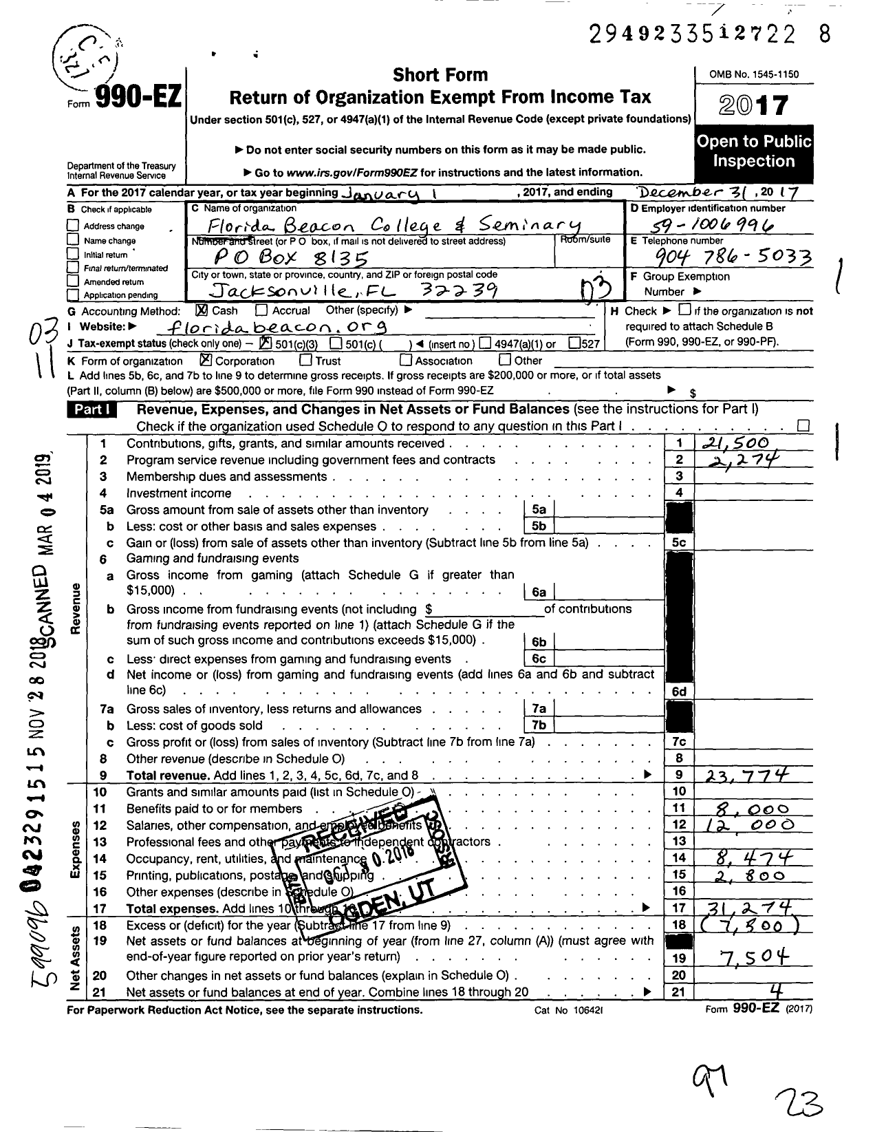 Image of first page of 2017 Form 990EZ for Florida Beacon College and Seminary