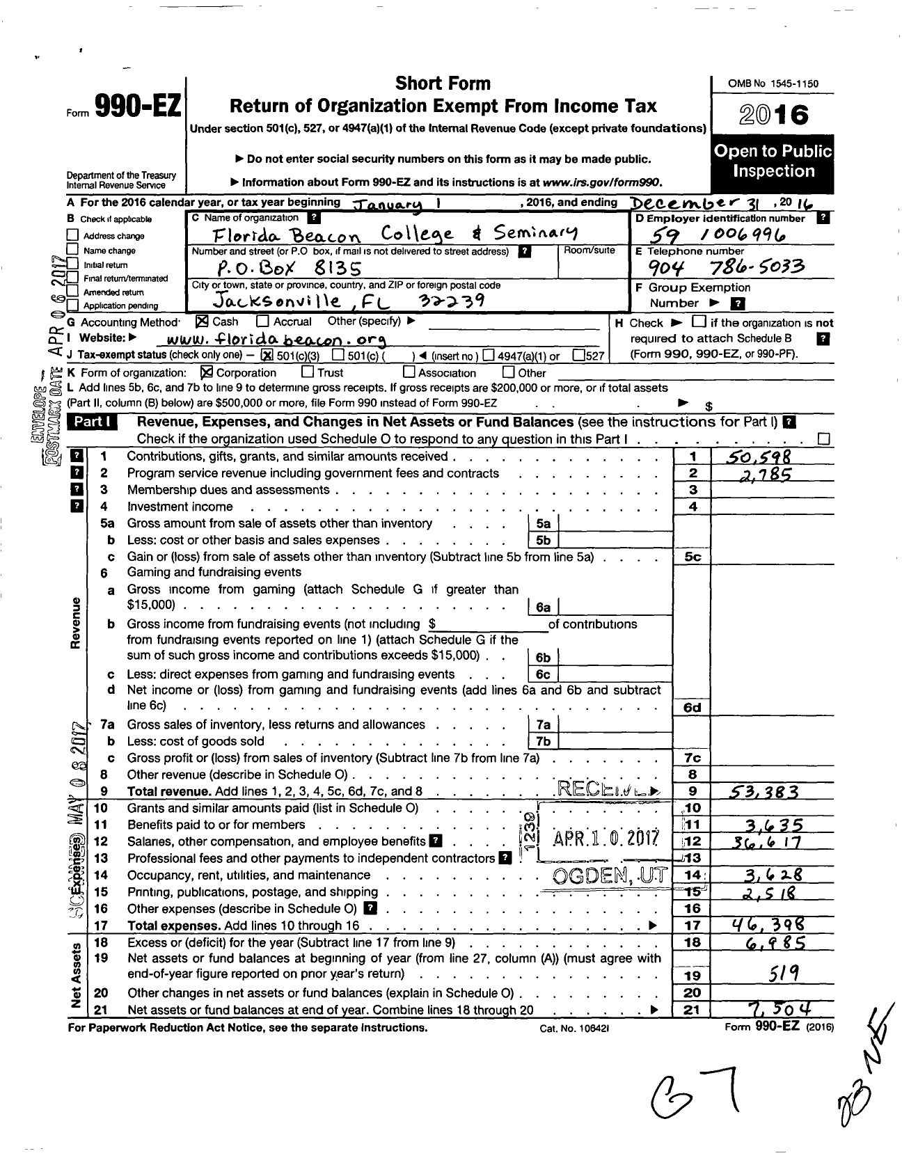 Image of first page of 2016 Form 990EZ for Florida Beacon College and Seminary