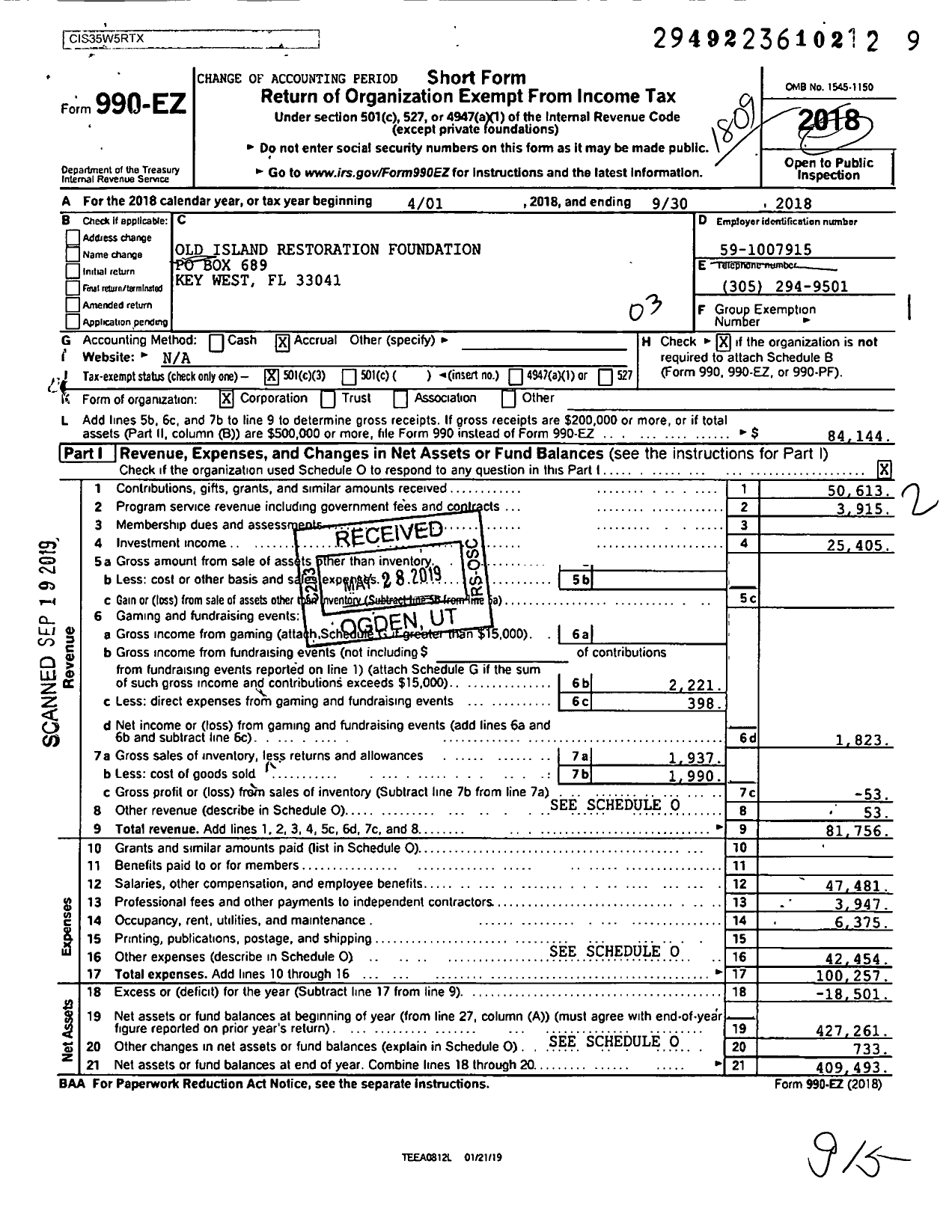 Image of first page of 2017 Form 990EZ for Old Island Restoration Foundation