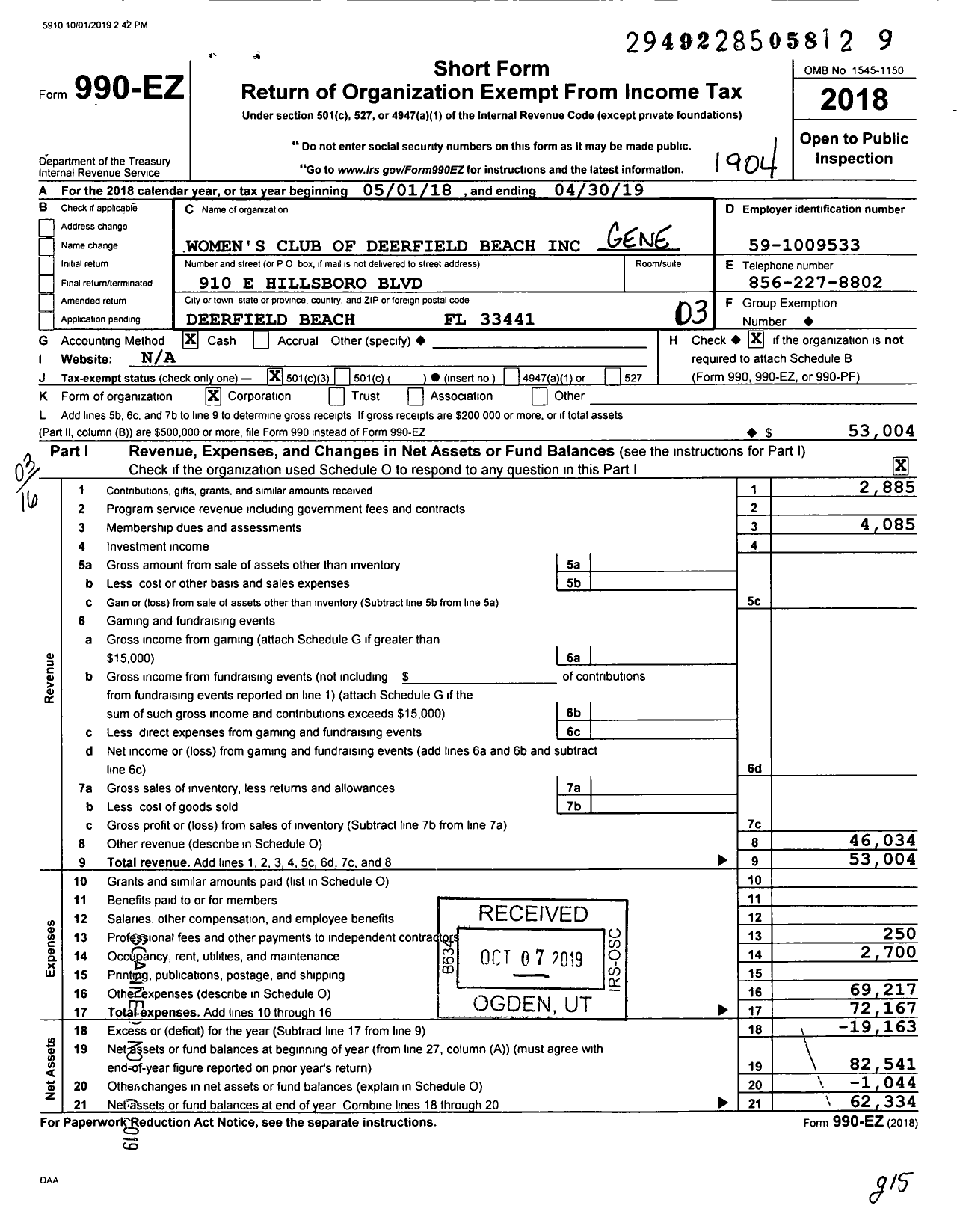 Image of first page of 2018 Form 990EZ for GFWC Womans Club of Deerfield Beach