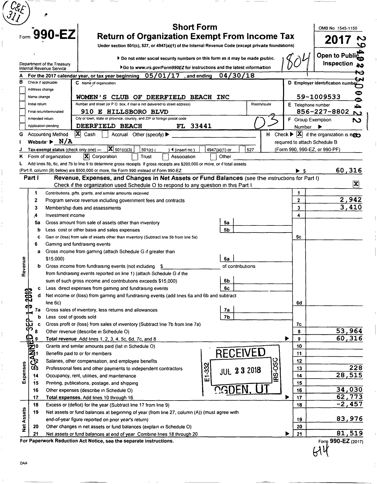 Image of first page of 2017 Form 990EZ for GFWC Womans Club of Deerfield Beach