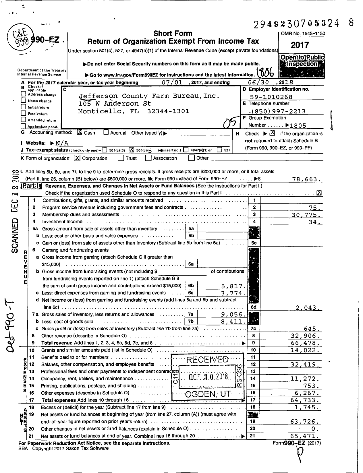 Image of first page of 2017 Form 990EO for Jefferson County Farm Bureau