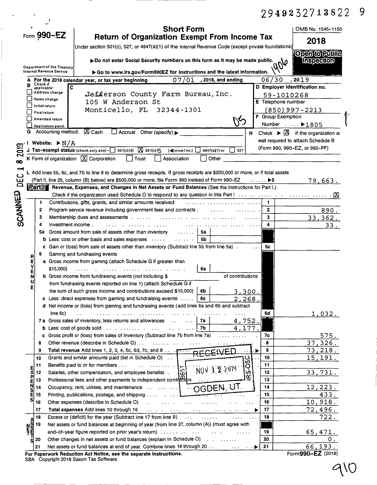 Image of first page of 2018 Form 990EO for Jefferson County Farm Bureau