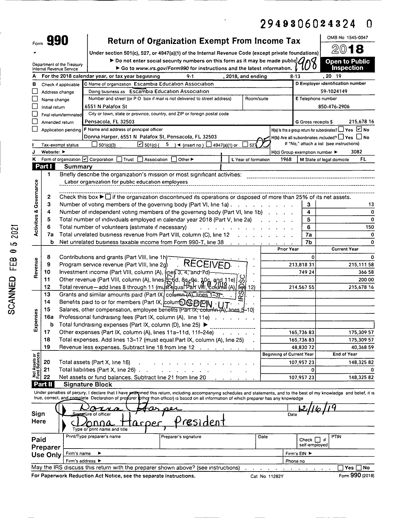 Image of first page of 2018 Form 990O for Florida Education Association Escambia Education Association