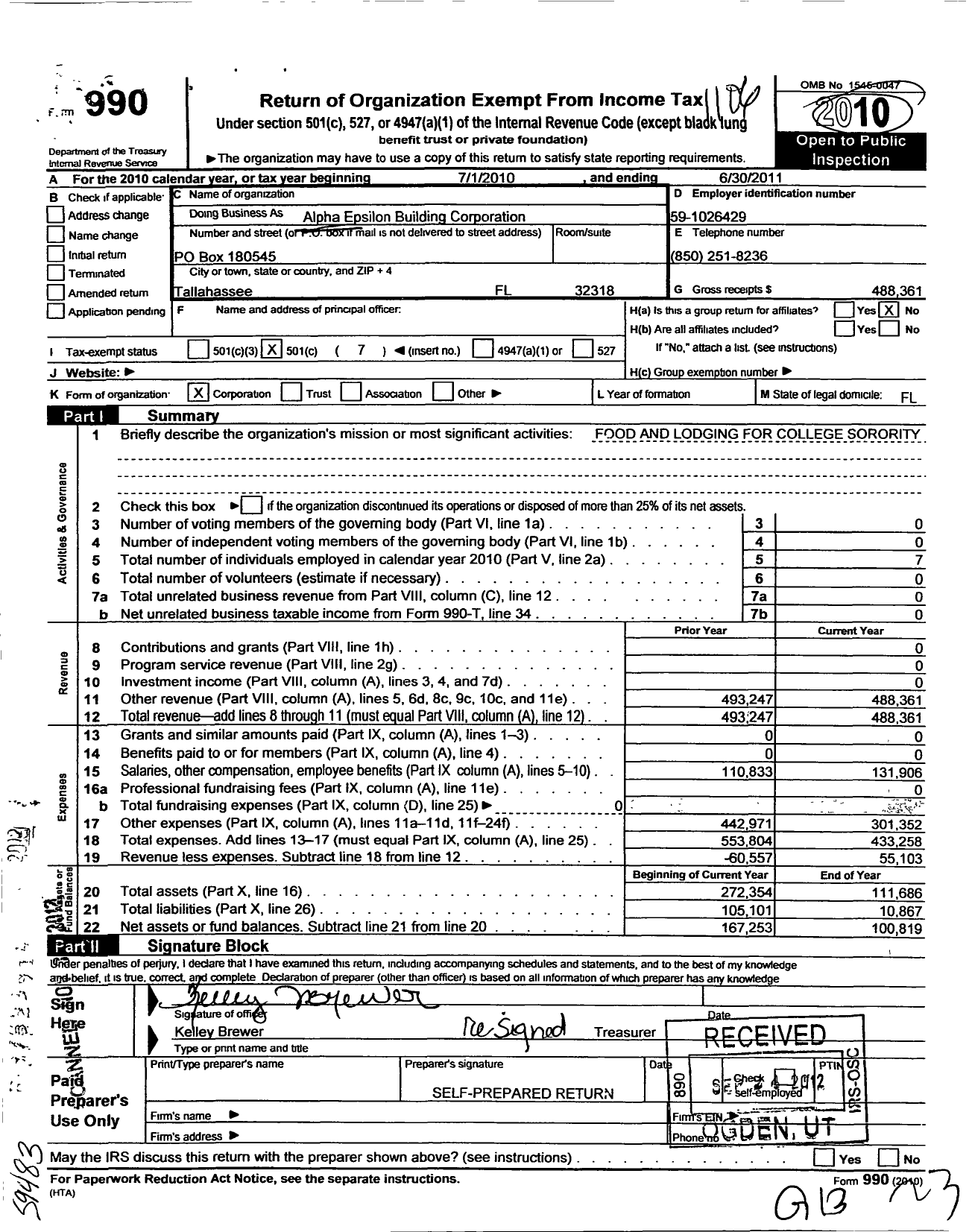 Image of first page of 2010 Form 990O for Alpha Epsilon Bldg Corporation