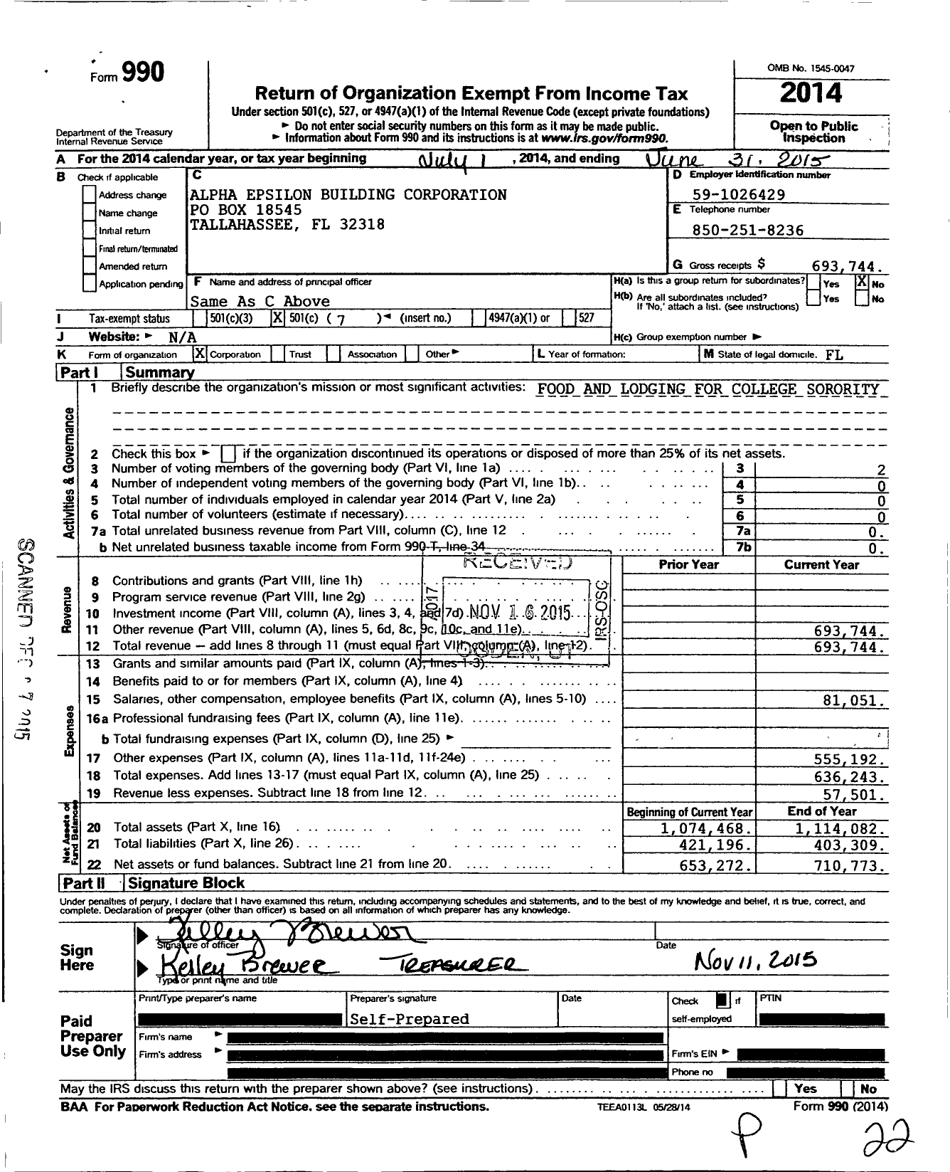 Image of first page of 2014 Form 990O for Alpha Epsilon Bldg Corporation